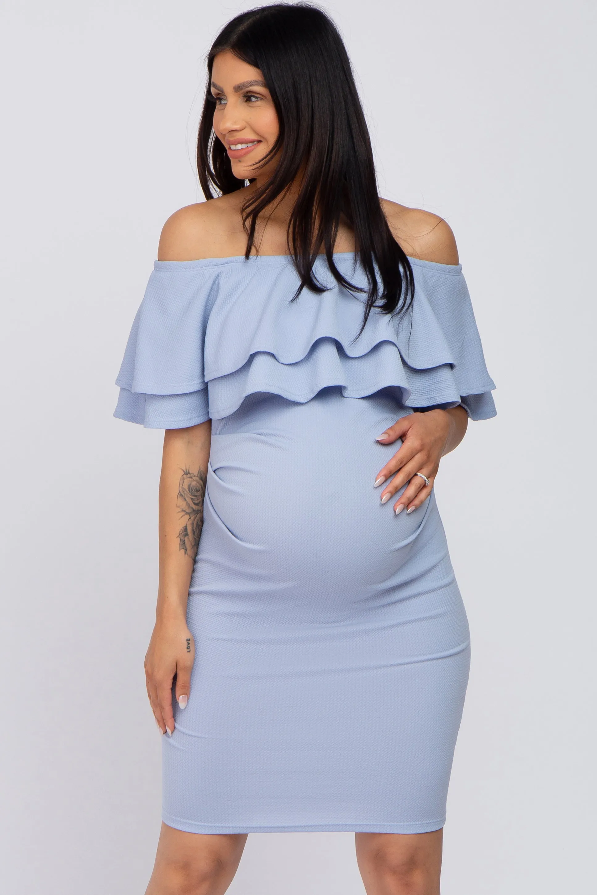 Light Blue Ruffle Off Shoulder Ruched Maternity Dress sold by Pinkblush