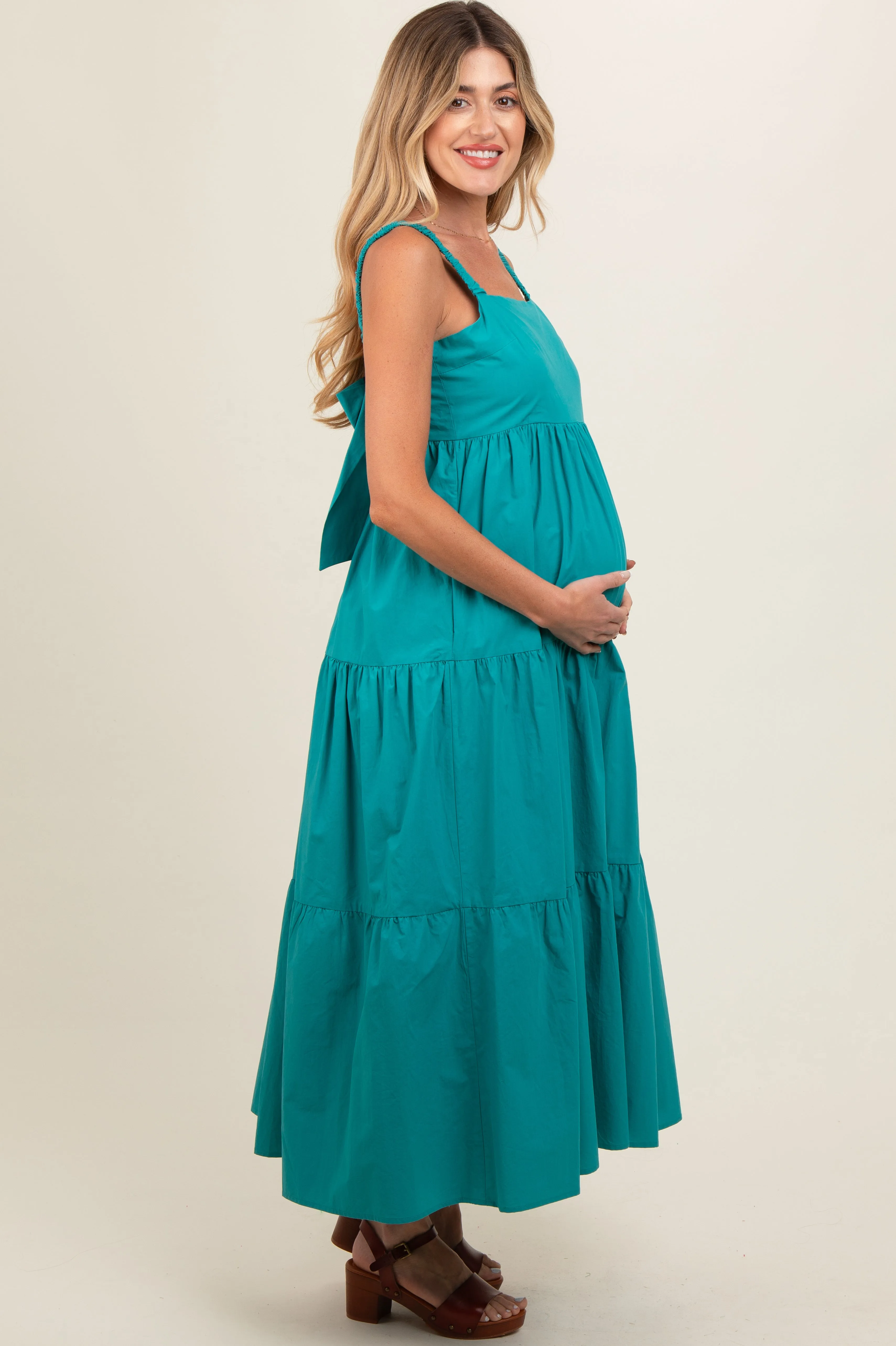 Teal Square Neck Cut Out Back Tiered Maternity Maxi Dress sold by Pinkblush product image thumbnail 3