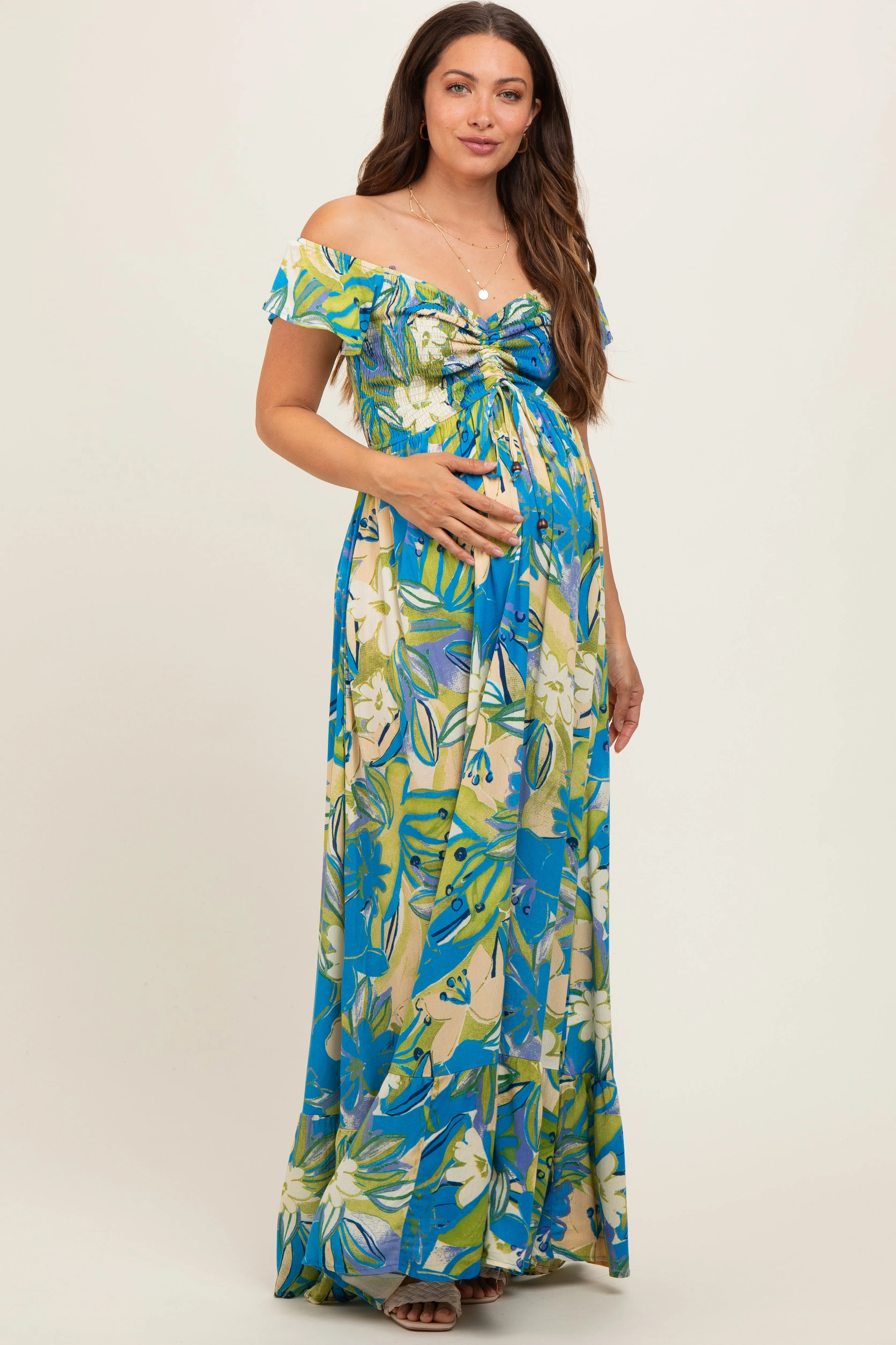 Blue Floral Smocked Off Shoulder Maternity Maxi Dress sold by Pinkblush product image thumbnail 2