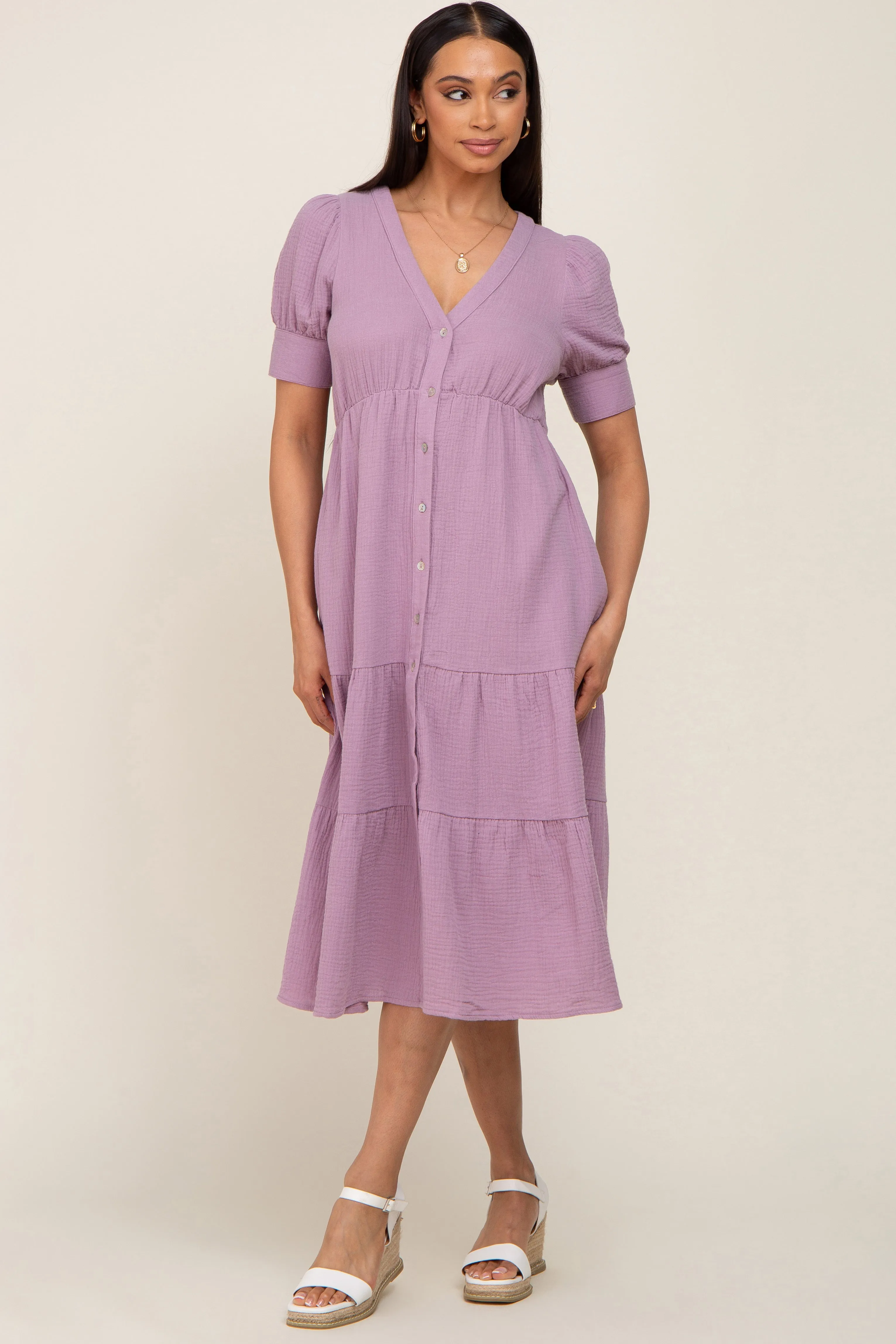 Lavender Button Down Short Sleeve Maternity Dress sold by Pinkblush product image thumbnail 5