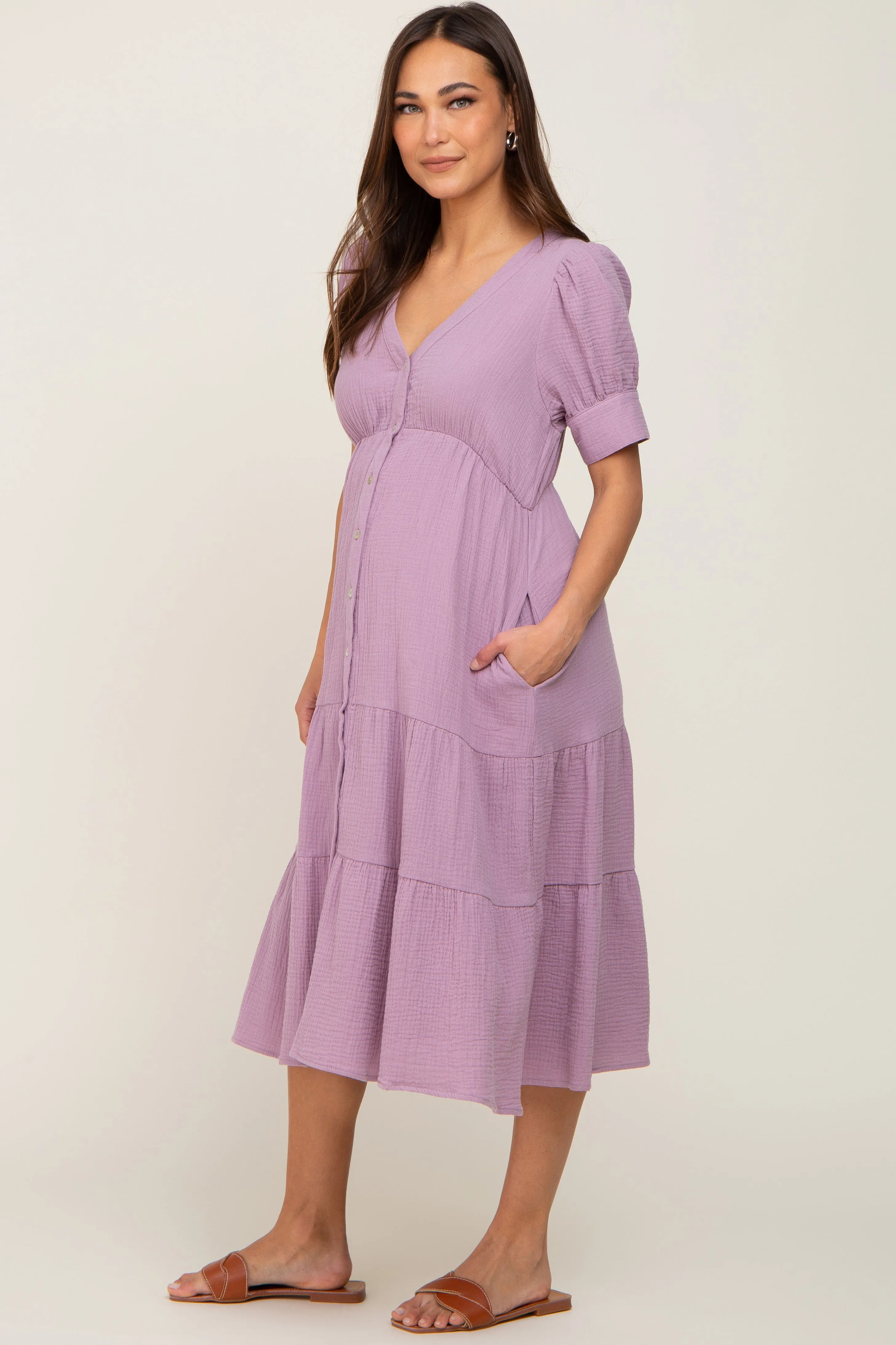 Lavender Button Down Short Sleeve Maternity Dress sold by Pinkblush product image thumbnail 2