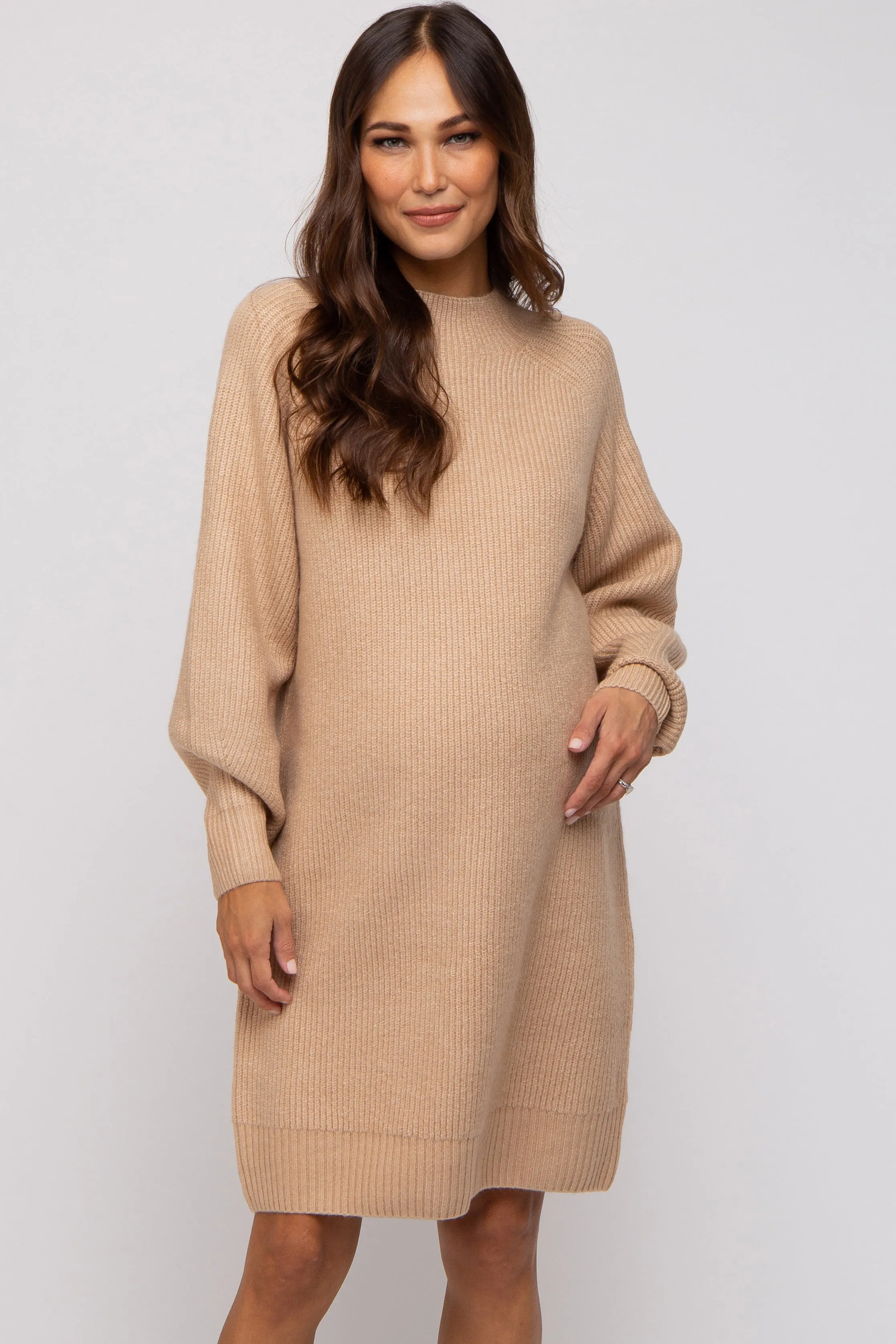 Beige Mock Neck Maternity Sweater Dress sold by Pinkblush