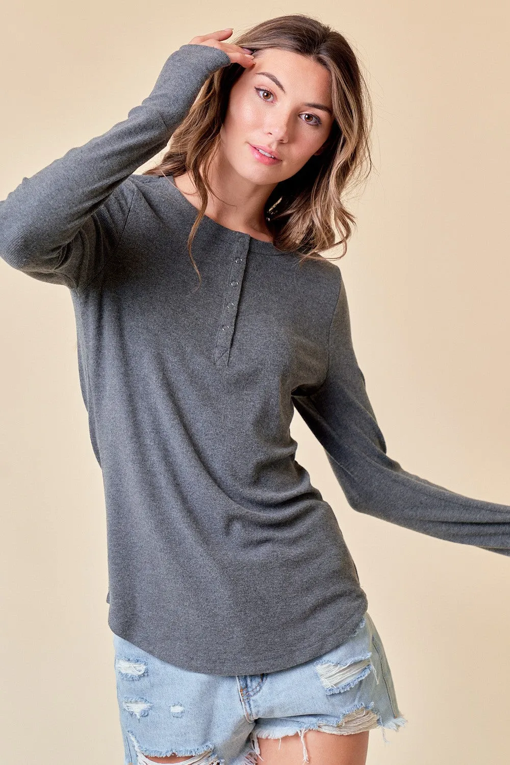 Charcoal Button Front Soft Knit Long Sleeve Henley Maternity Top sold by Pinkblush product image thumbnail 5