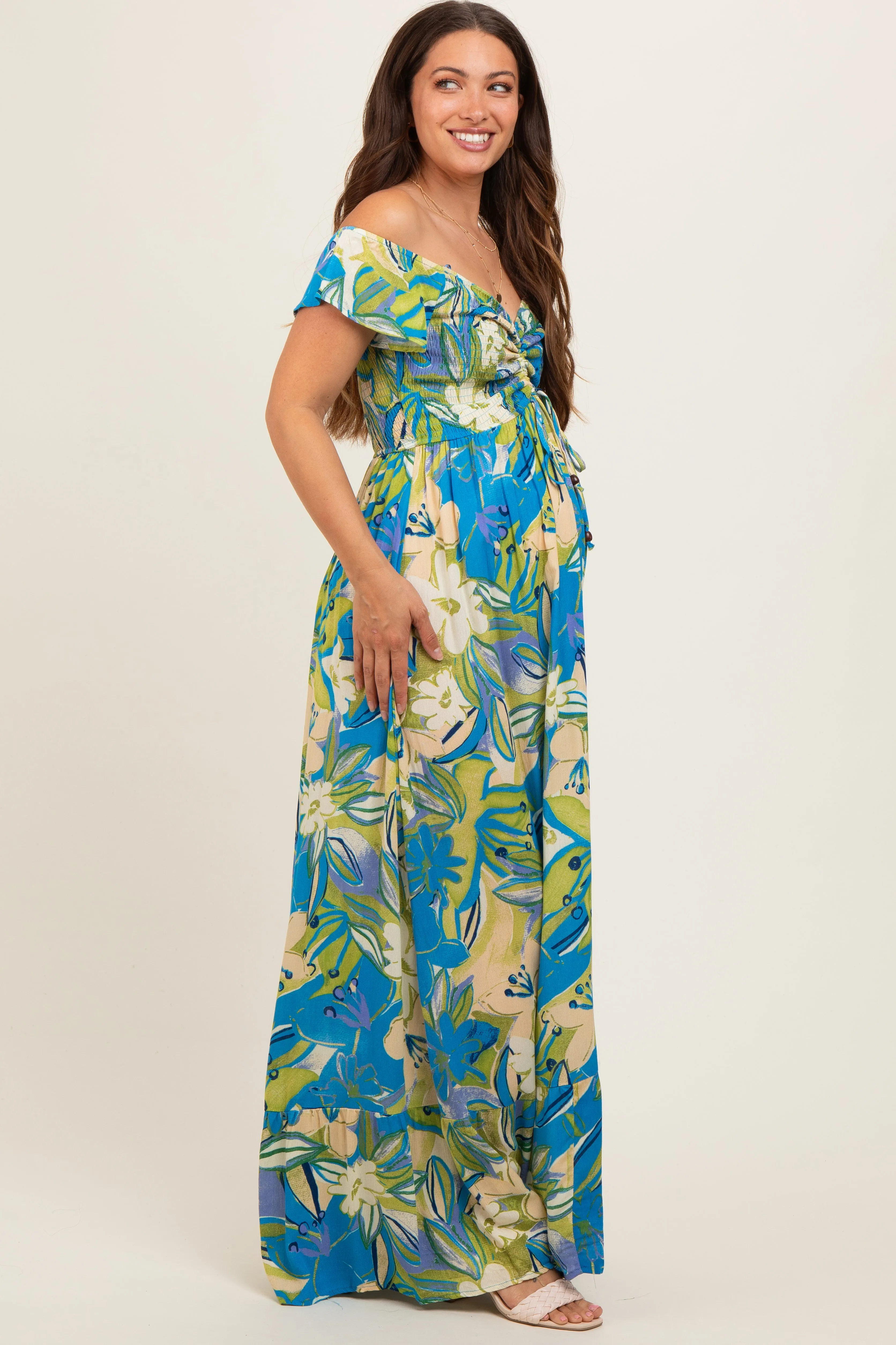 Blue Floral Smocked Off Shoulder Maternity Maxi Dress sold by Pinkblush product image thumbnail 3