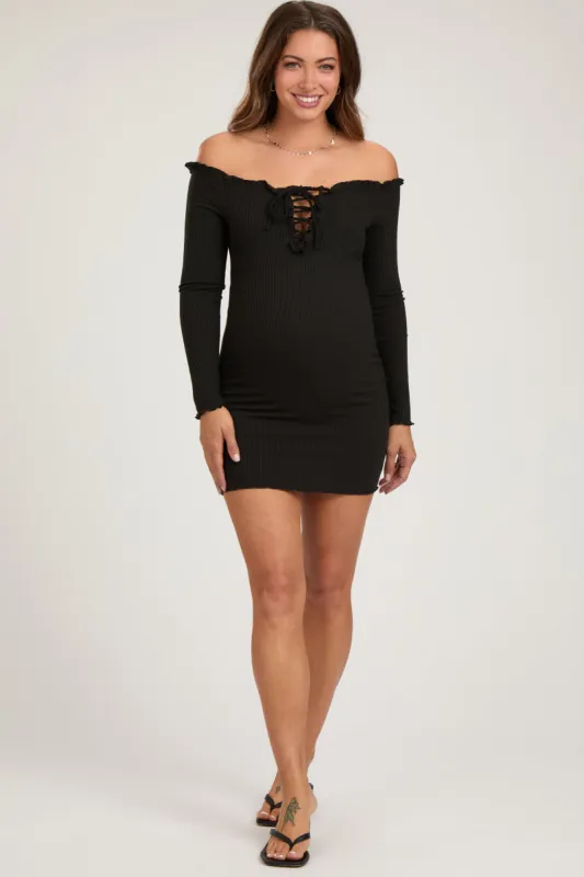 Black Ruffle Off Shoulder Maternity Fitted Mini Dress sold by Pinkblush