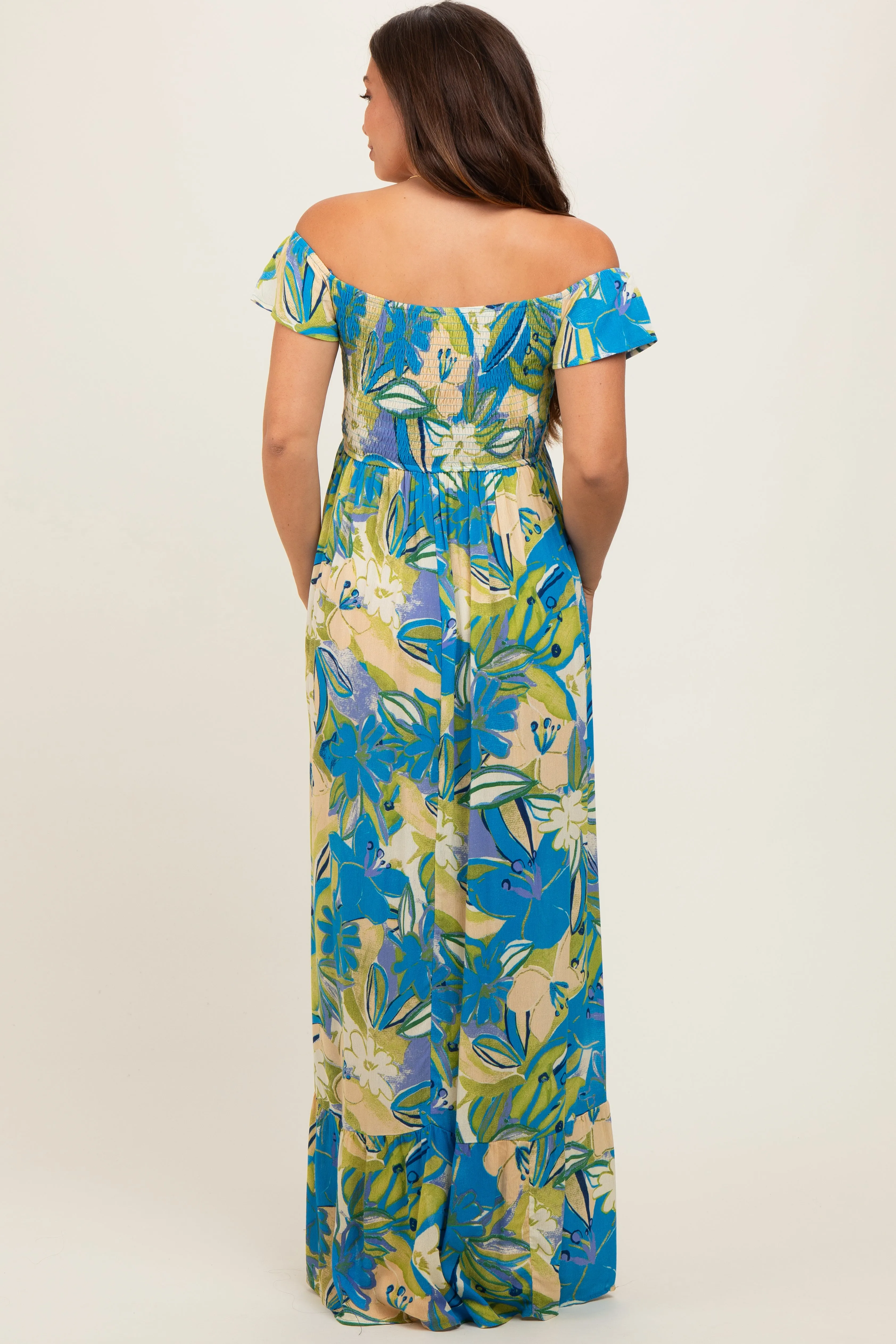 Blue Floral Smocked Off Shoulder Maternity Maxi Dress sold by Pinkblush product image thumbnail 4