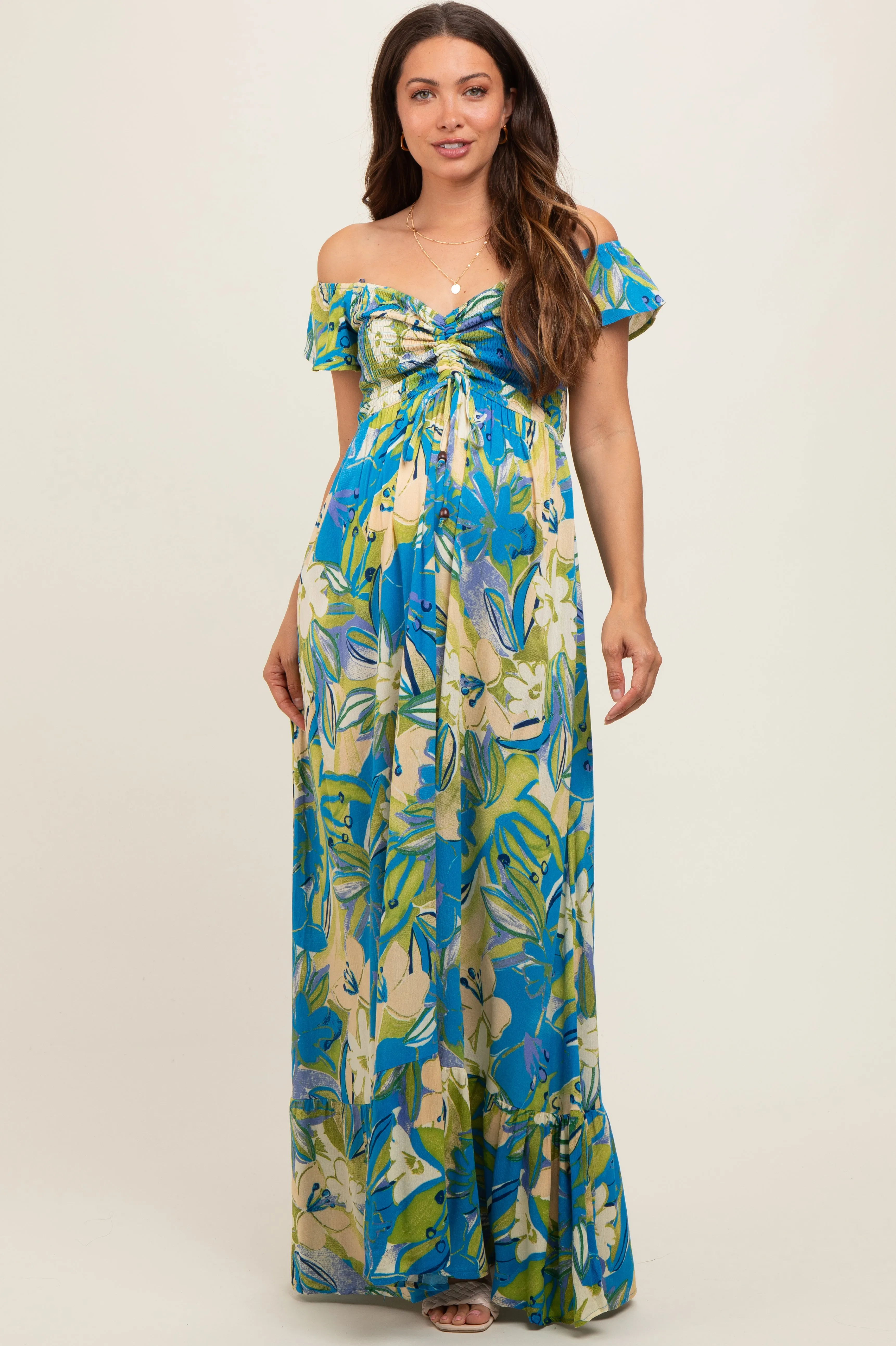 Blue Floral Smocked Off Shoulder Maternity Maxi Dress sold by Pinkblush