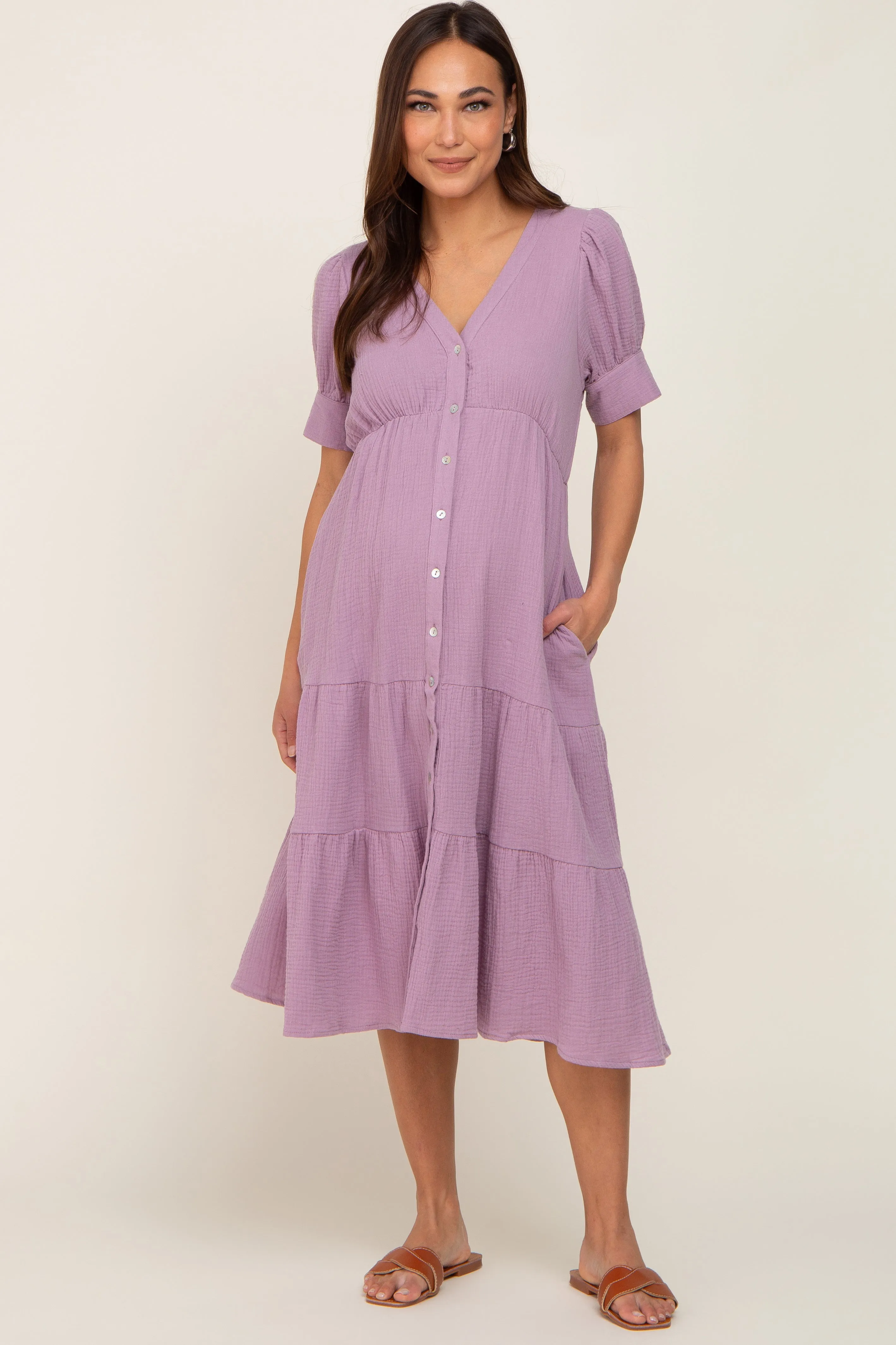 Lavender Button Down Short Sleeve Maternity Dress sold by Pinkblush product image thumbnail 4