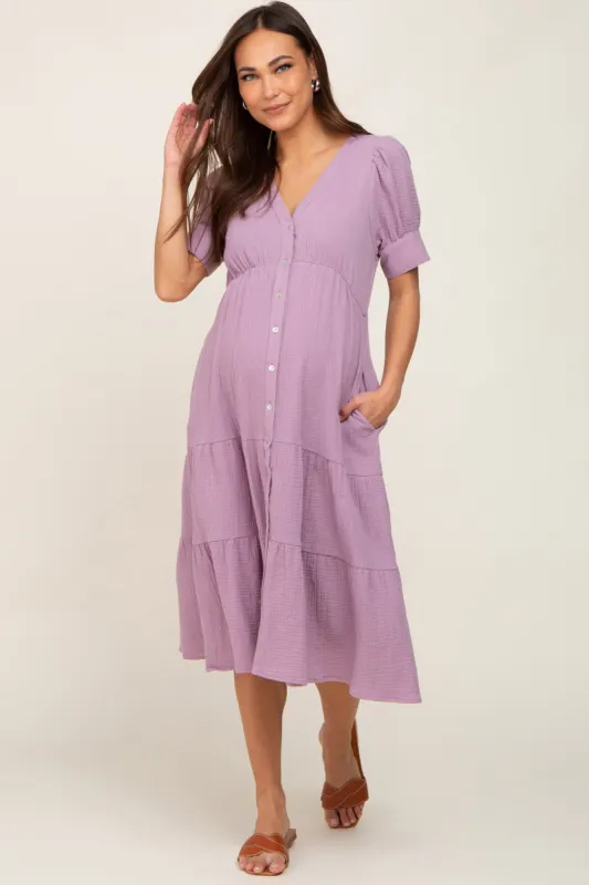 Lavender Button Down Short Sleeve Maternity Dress sold by Pinkblush