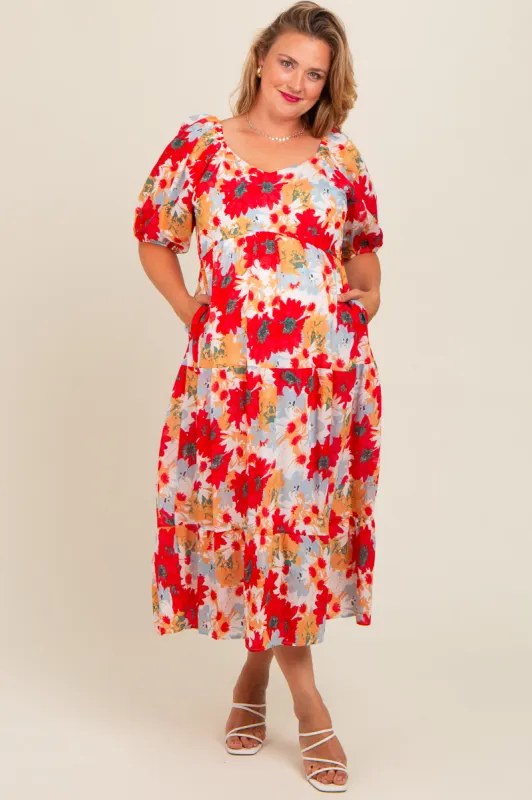 Red Floral V-Neck Short Puff Sleeve Tiered Maternity Plus Midi Dress sold by Pinkblush
