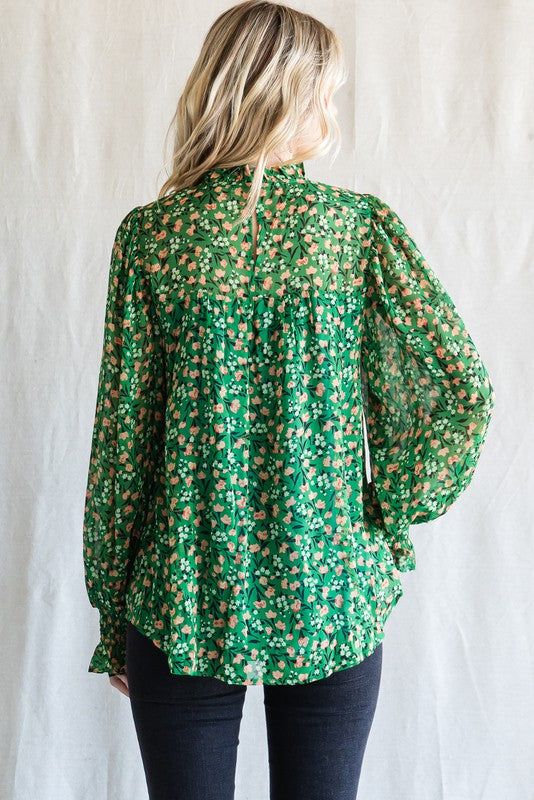 Green Floral Balloon Sleeve Blouse sold by Pinkblush product image thumbnail 4
