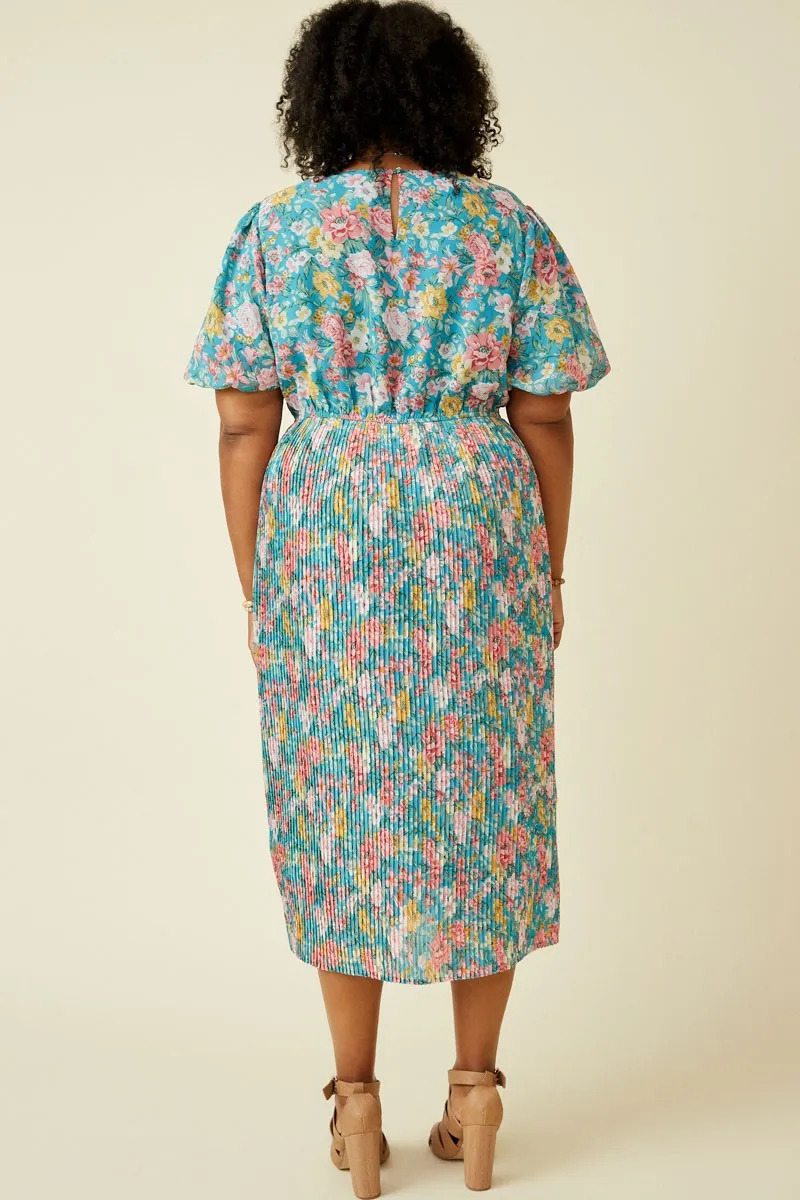 Teal Floral Pleated Plus Size Midi Dress sold by Pinkblush product image thumbnail 3