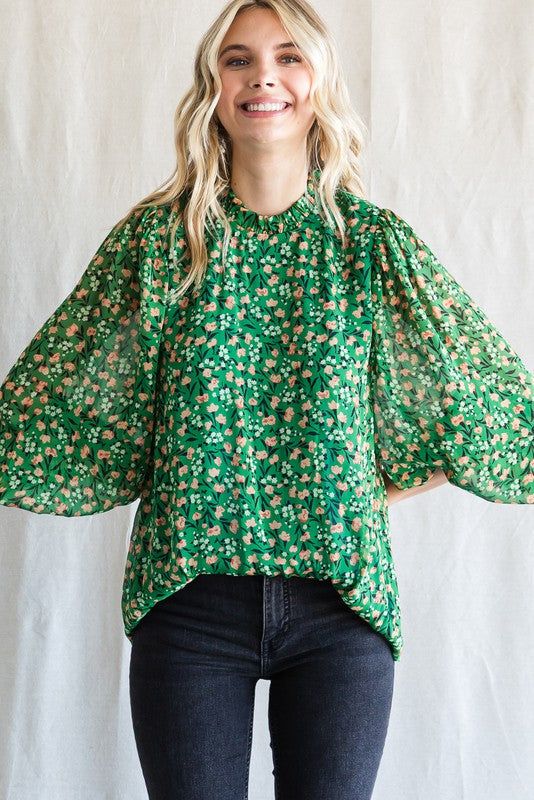 Green Floral Balloon Sleeve Blouse sold by Pinkblush product image thumbnail 2