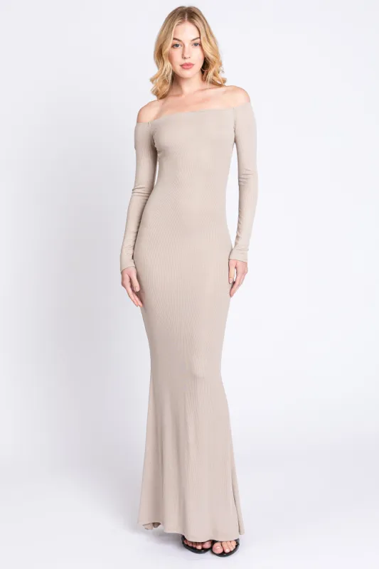 Taupe Ribbed Off Shoulder Long Sleeve Maxi Dress sold by Pinkblush