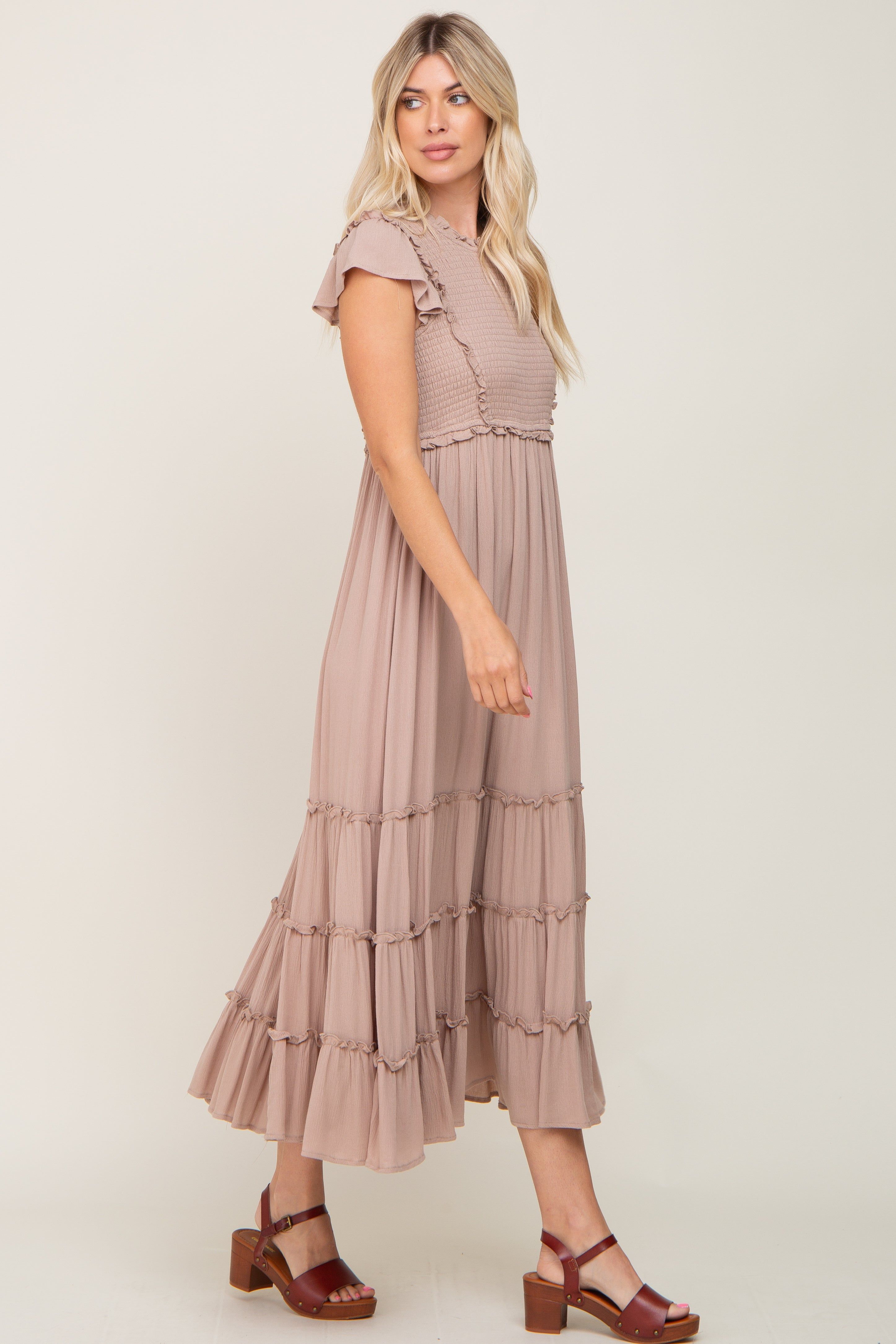 Mocha Smocked Ruffle Accent Tiered Maxi Dress sold by Pinkblush product image thumbnail 2