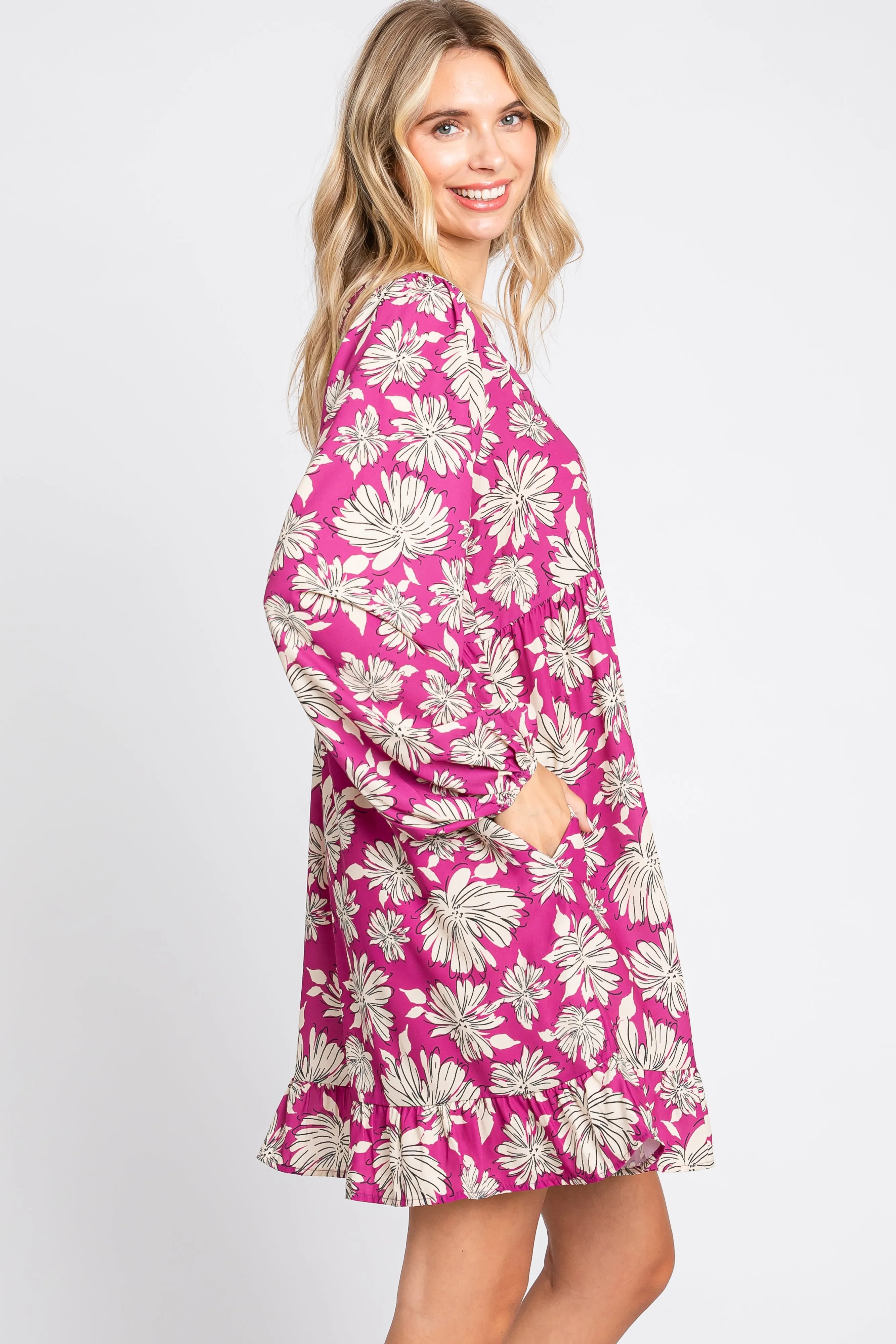 Magenta Floral V-Neck Long Sleeve Dress sold by Pinkblush product image thumbnail 2