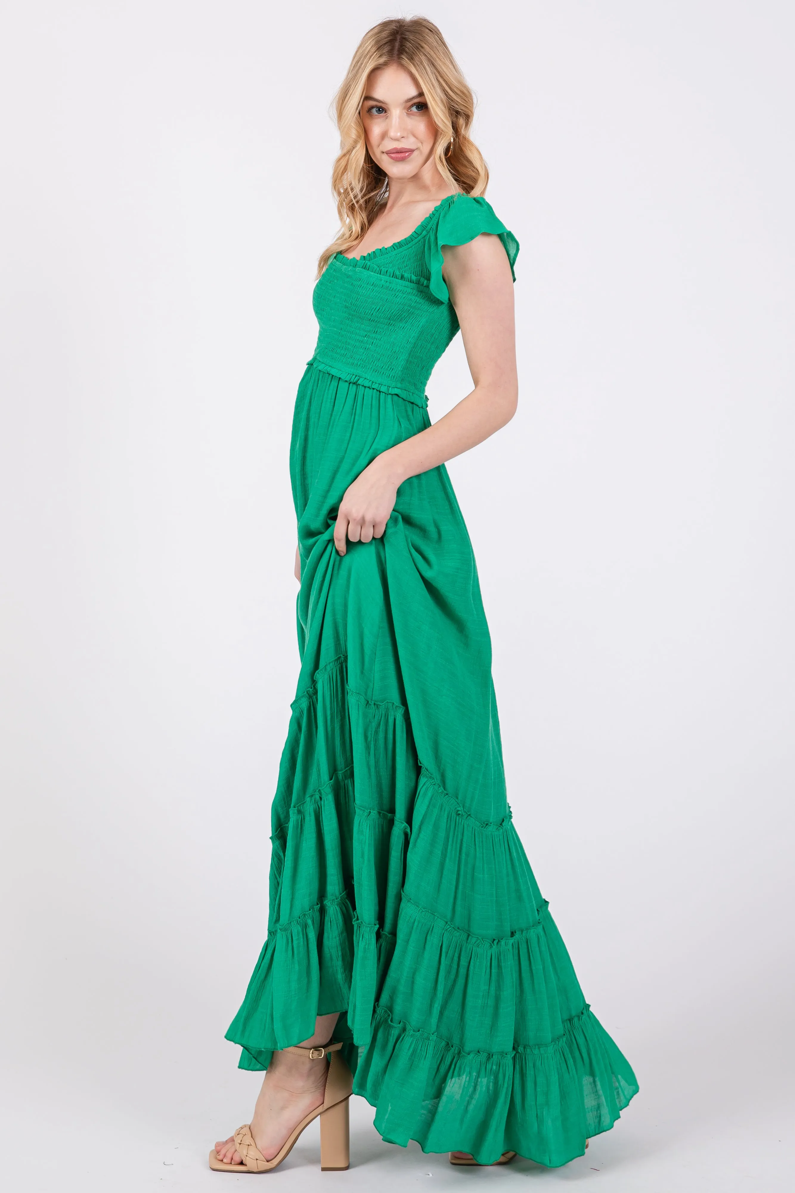 Green Smocked Crossover Off Shoulder Maxi Dress sold by Pinkblush product image thumbnail 2