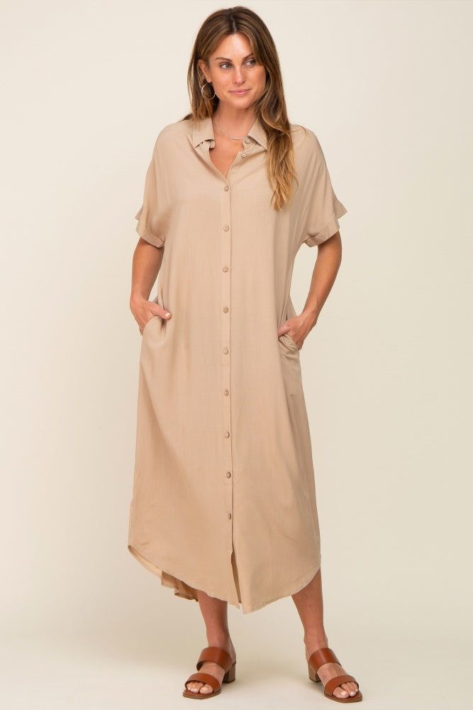Taupe Button Down Maternity Midi Dress sold by Pinkblush product image thumbnail 5