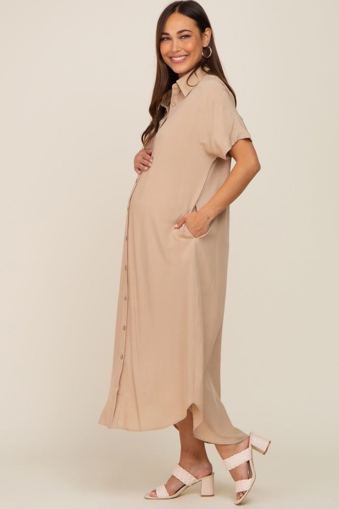 Taupe Button Down Maternity Midi Dress sold by Pinkblush product image thumbnail 2