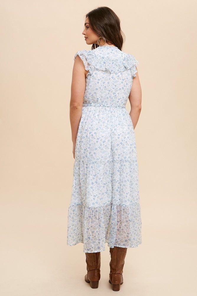 French Blue Floral Statement Collar Button Front Midi Dress sold by Pinkblush product image thumbnail 3
