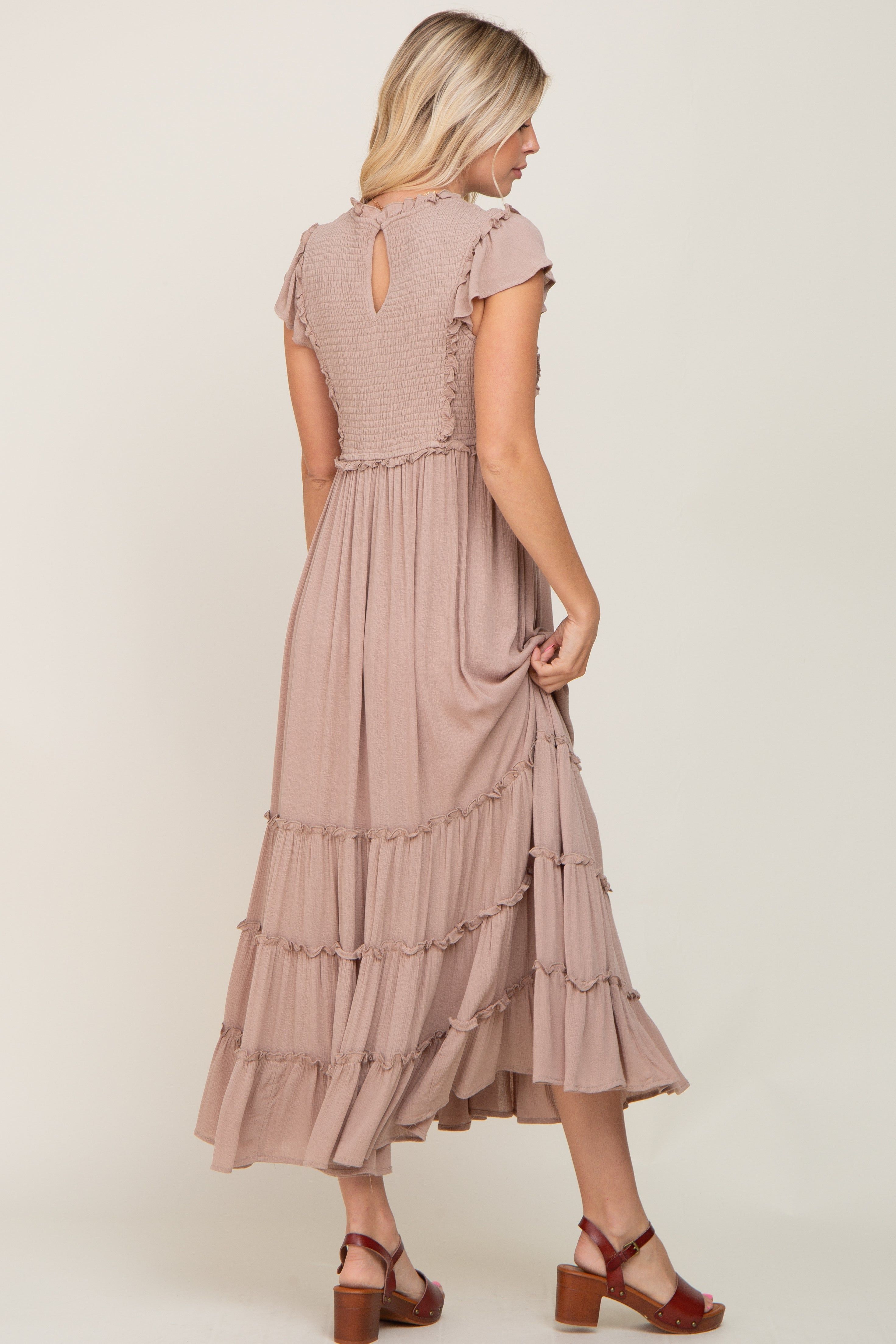 Mocha Smocked Ruffle Accent Tiered Maxi Dress sold by Pinkblush product image thumbnail 3