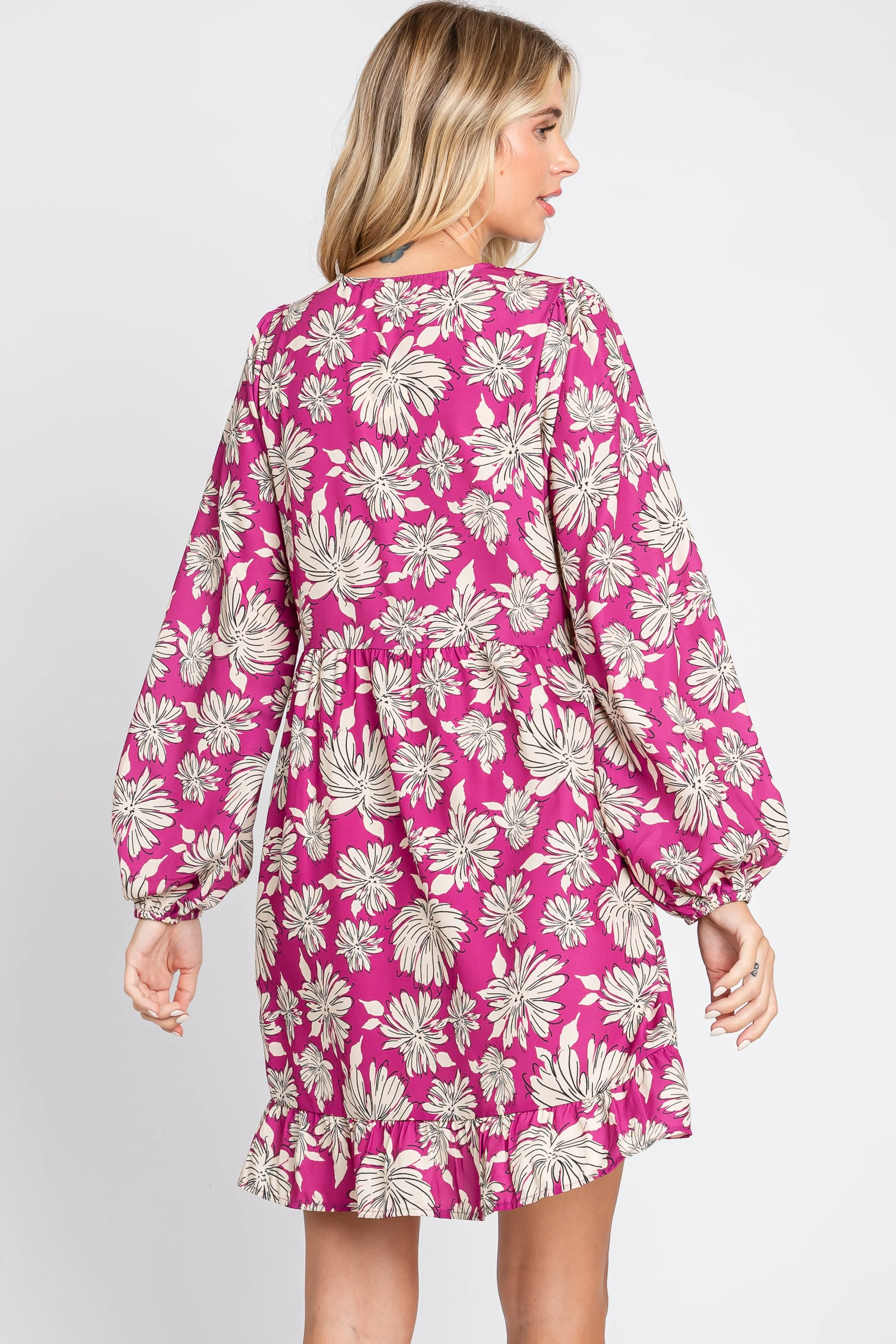 Magenta Floral V-Neck Long Sleeve Dress sold by Pinkblush product image thumbnail 3