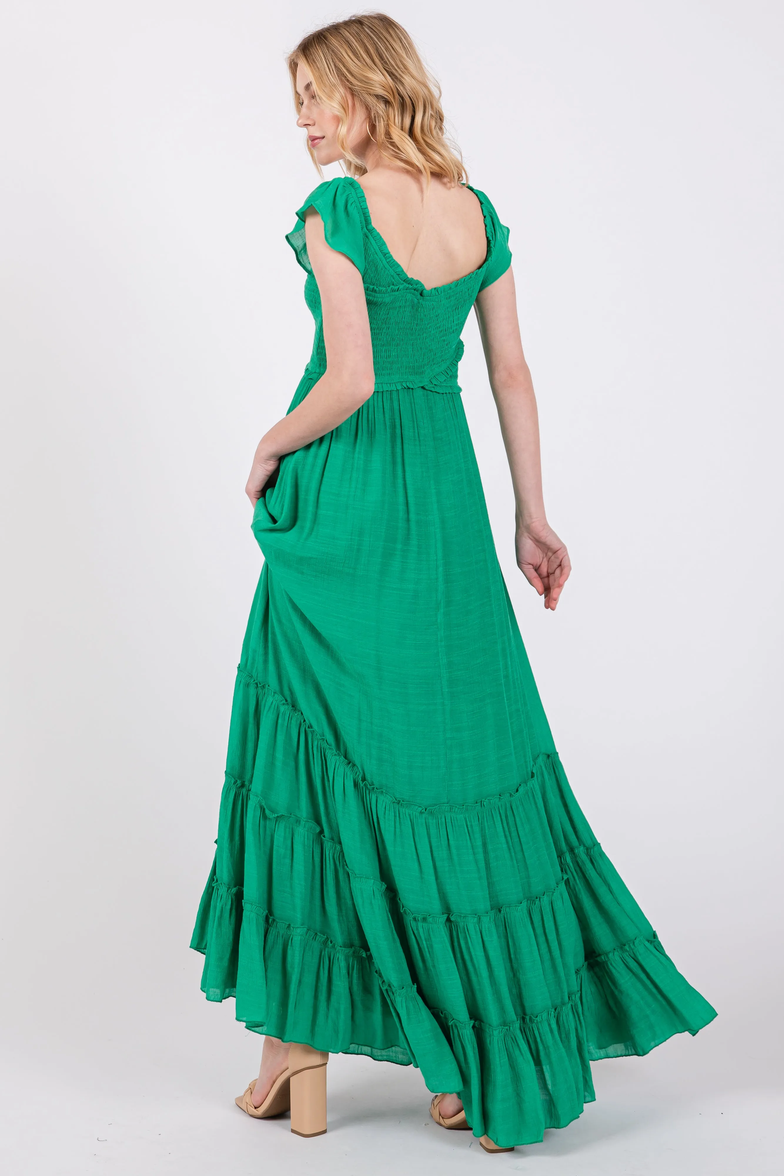 Green Smocked Crossover Off Shoulder Maxi Dress sold by Pinkblush product image thumbnail 3