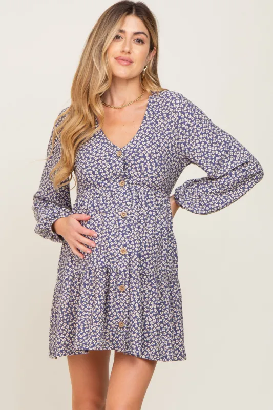 Navy Floral Long Sleeve Tiered Maternity Dress sold by Pinkblush