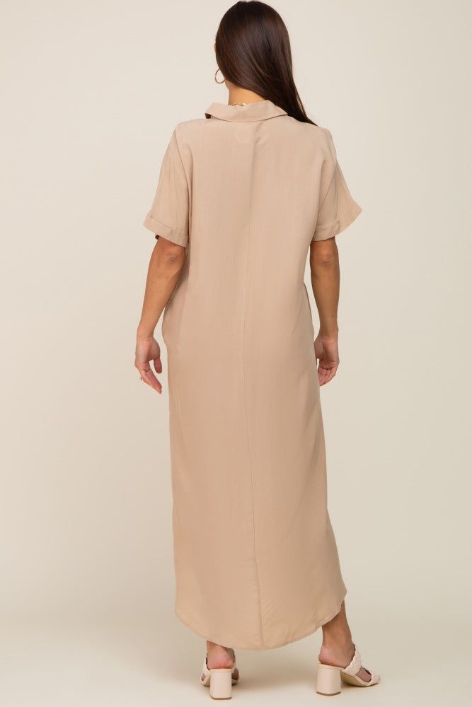 Taupe Button Down Maternity Midi Dress sold by Pinkblush product image thumbnail 3