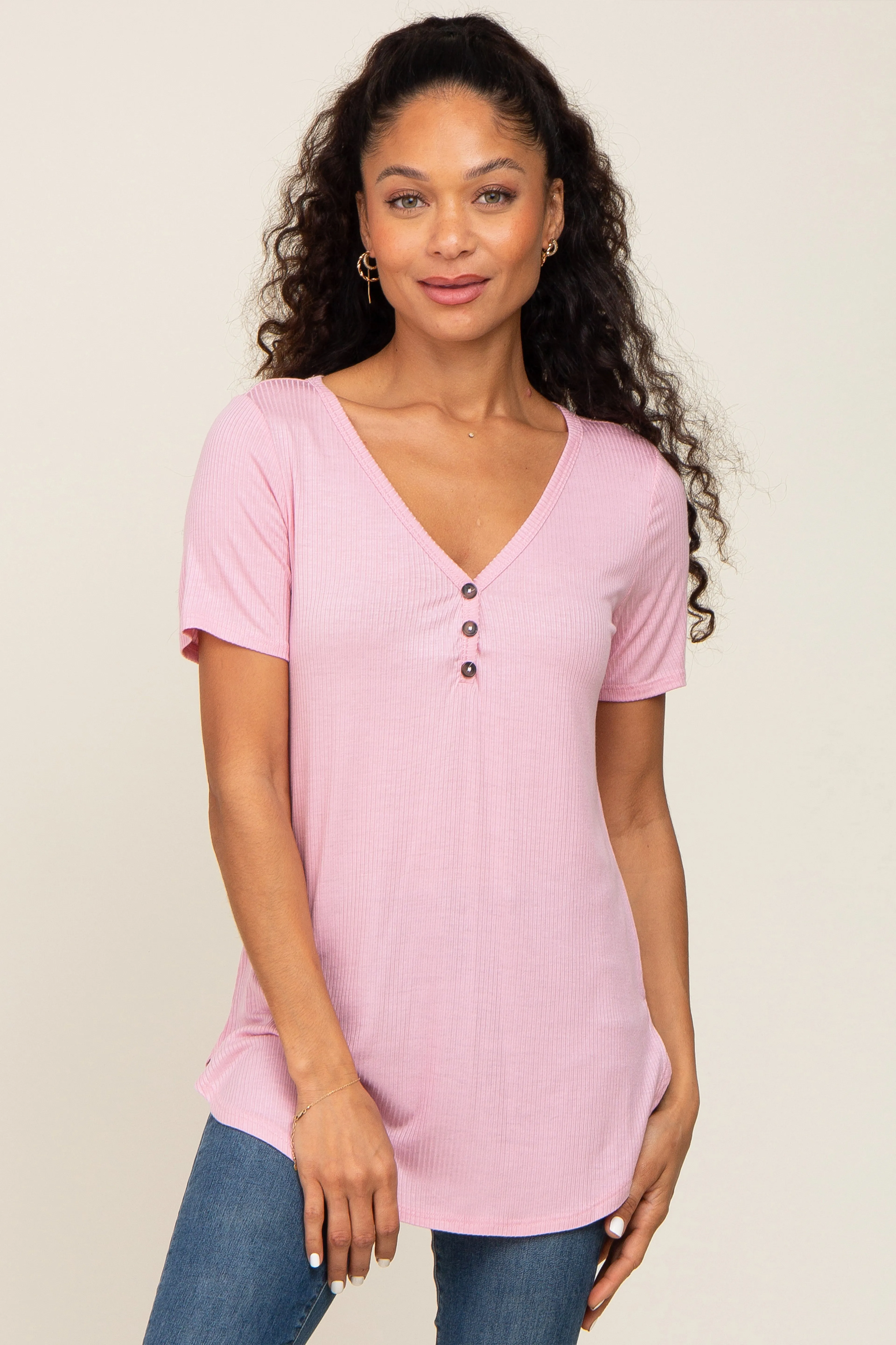 Pink Ribbed Short Sleeve Button Detail Maternity Top sold by Pinkblush product image thumbnail 3