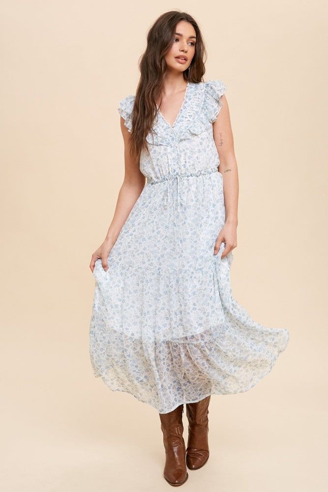 French Blue Floral Statement Collar Button Front Midi Dress sold by Pinkblush