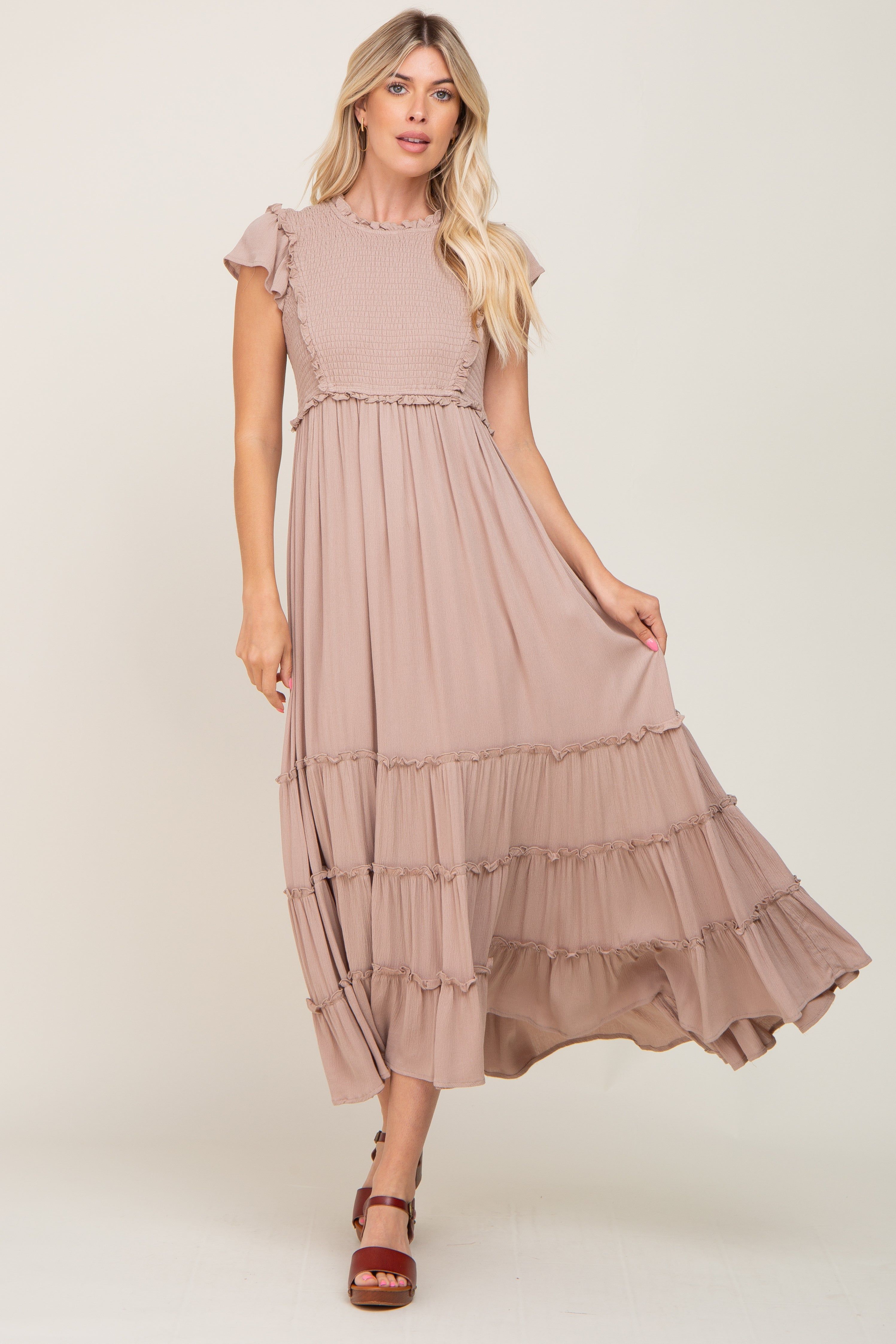 Mocha Smocked Ruffle Accent Tiered Maxi Dress sold by Pinkblush product image thumbnail 4