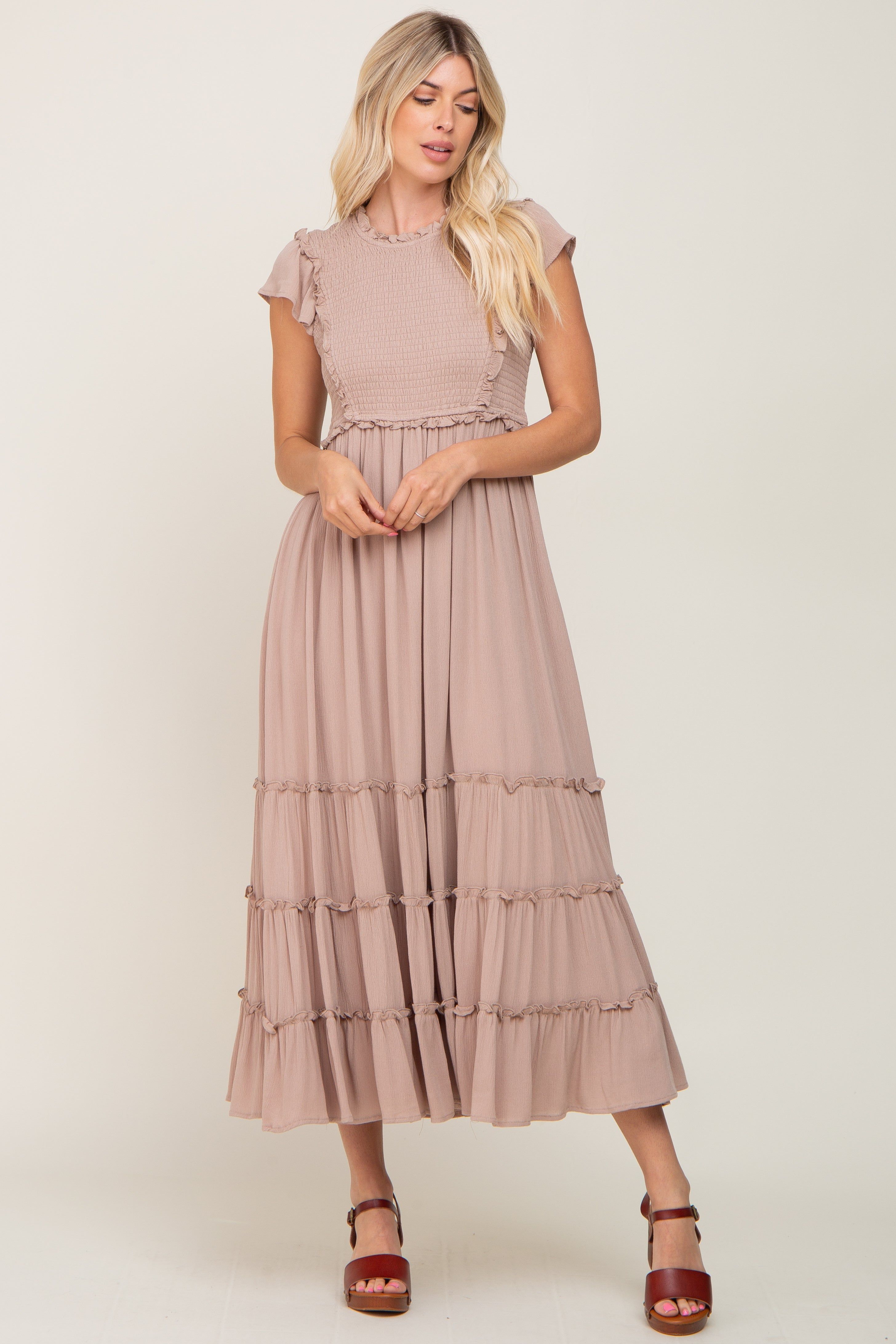 Mocha Smocked Ruffle Accent Tiered Maxi Dress sold by Pinkblush