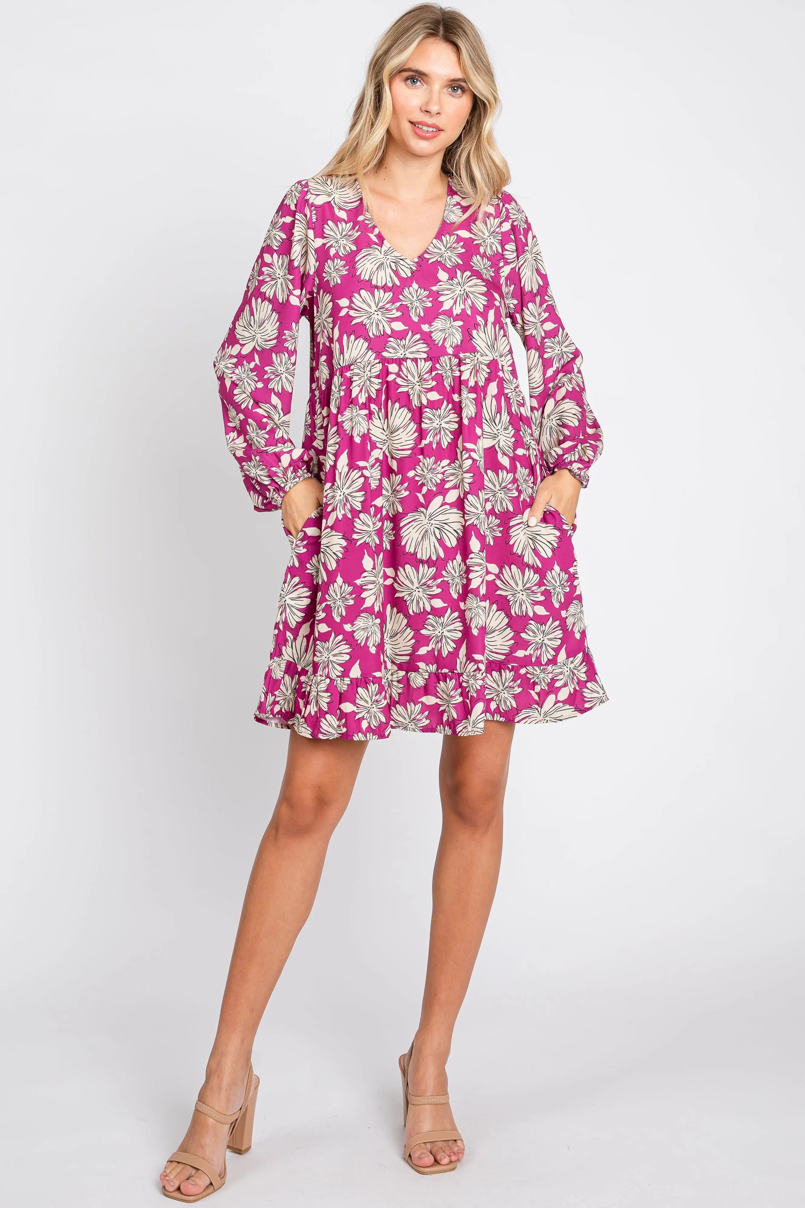 Magenta Floral V-Neck Long Sleeve Dress sold by Pinkblush product image thumbnail 4