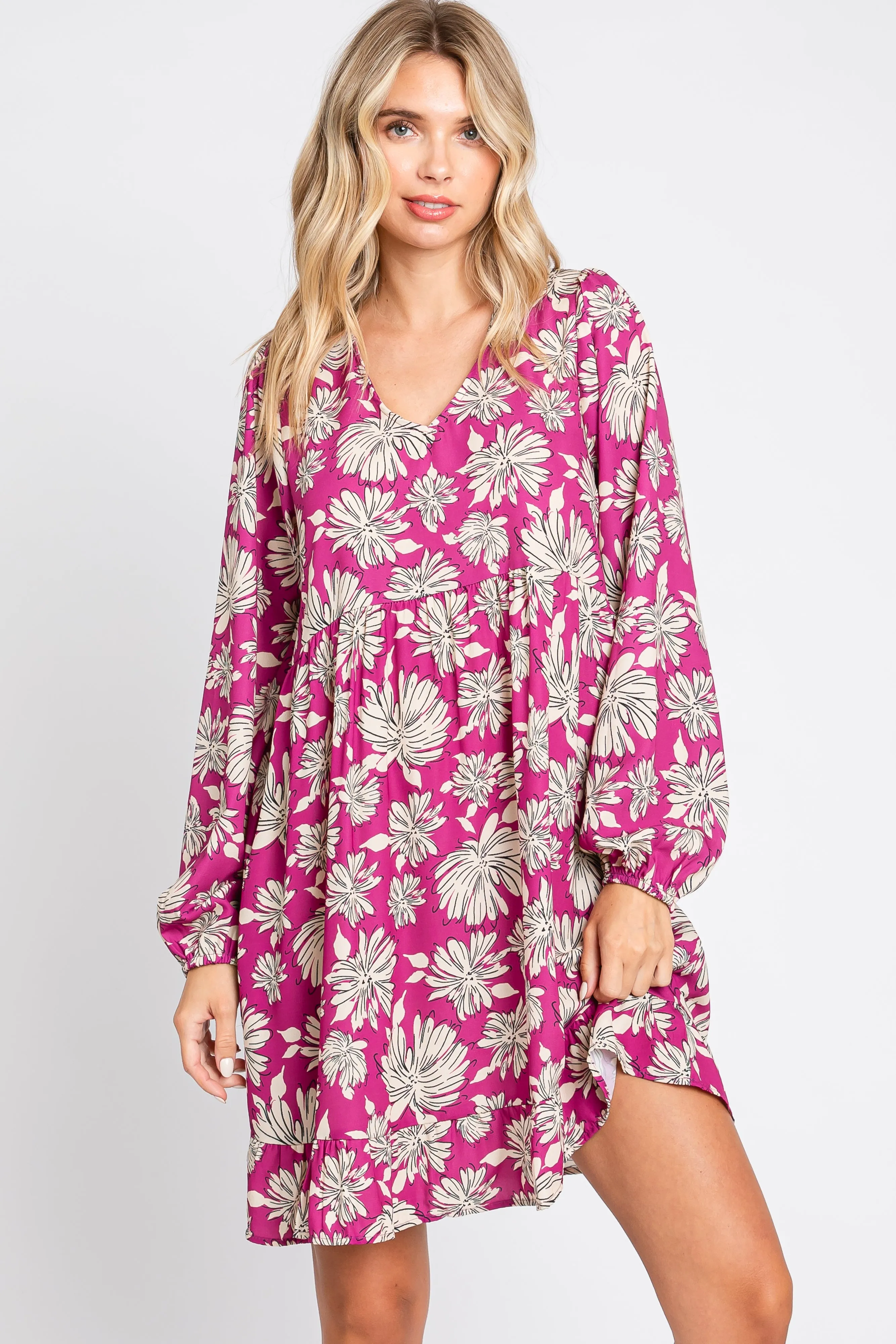 Magenta Floral V-Neck Long Sleeve Dress sold by Pinkblush