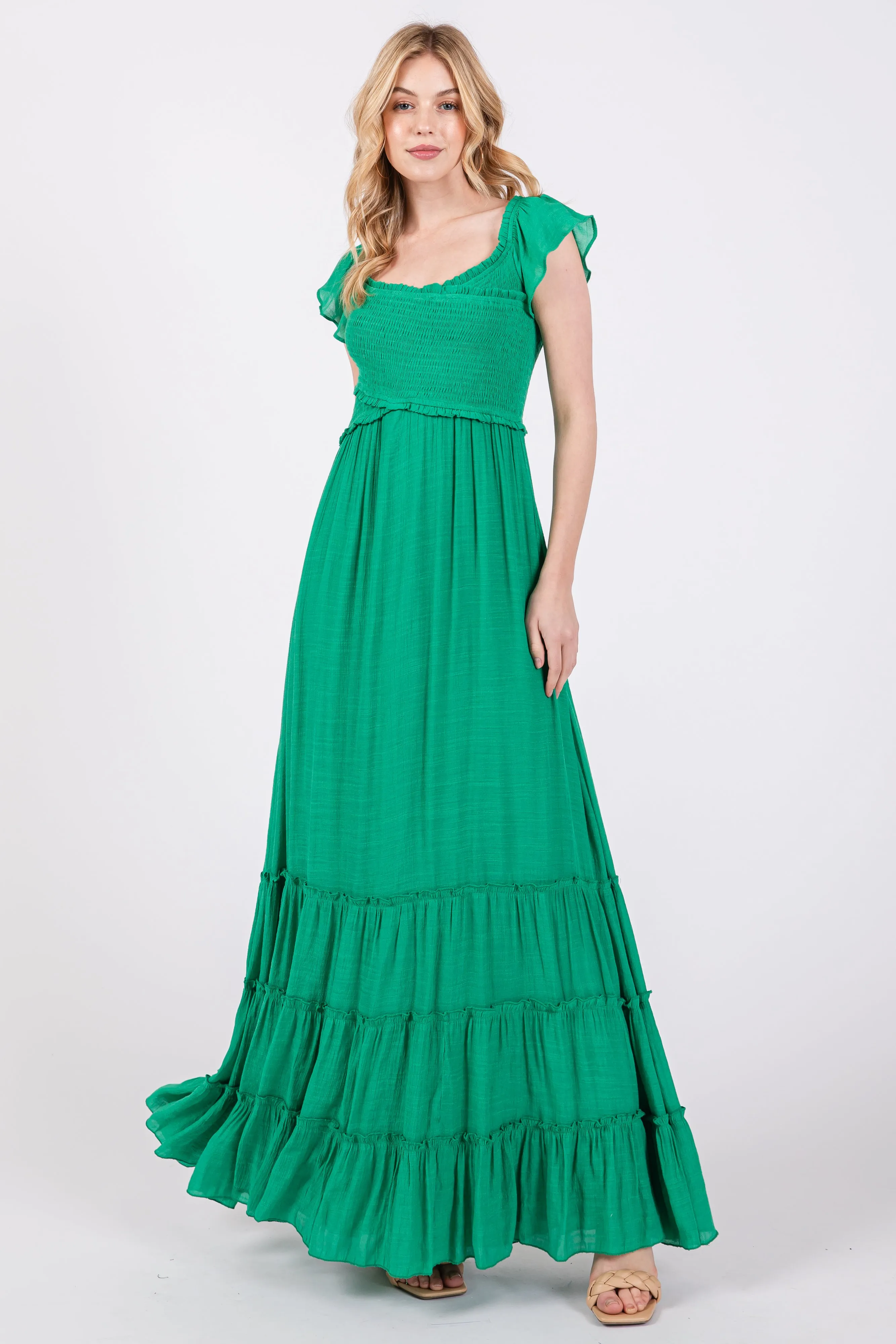 Green Smocked Crossover Off Shoulder Maxi Dress sold by Pinkblush