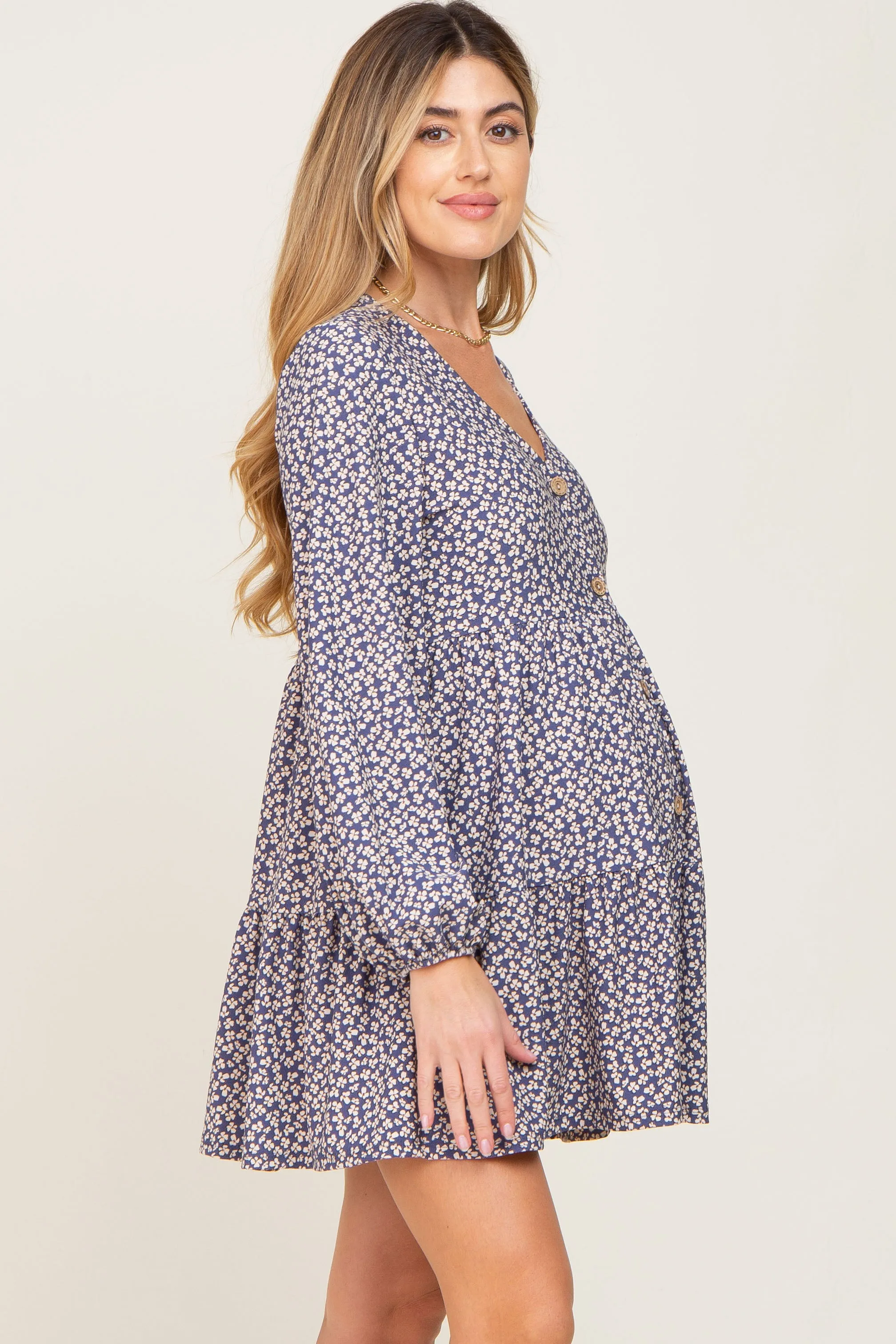 Navy Floral Long Sleeve Tiered Maternity Dress sold by Pinkblush product image thumbnail 2