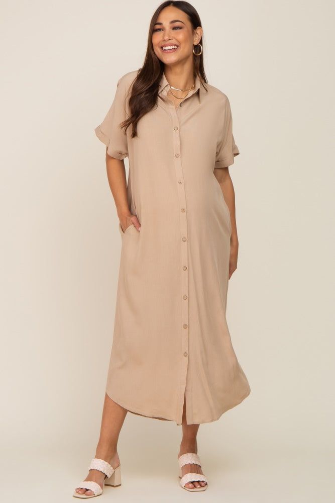 Taupe Button Down Maternity Midi Dress sold by Pinkblush product image thumbnail 4