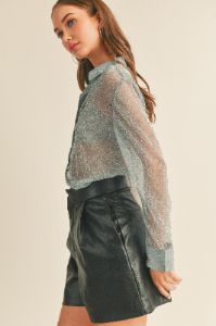 Dusty Blue Lurex Sheer Button Down Top sold by Pinkblush