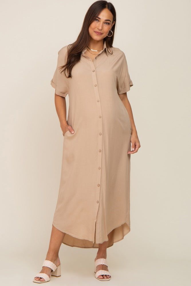 Taupe Button Down Maternity Midi Dress sold by Pinkblush