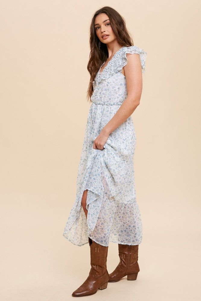 French Blue Floral Statement Collar Button Front Midi Dress sold by Pinkblush product image thumbnail 2