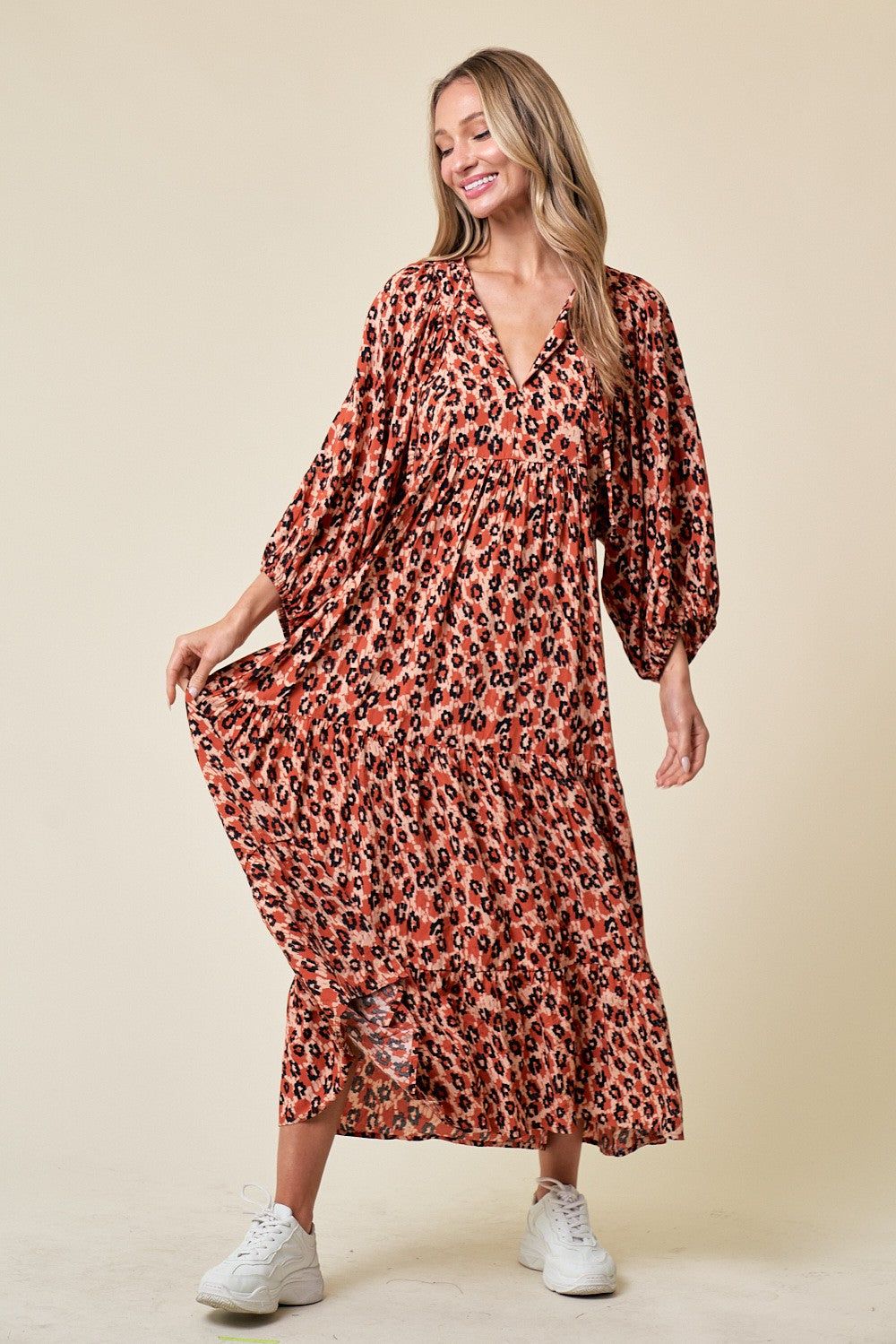 Rust Printed Long Sleeve Tiered Dress sold by Pinkblush product image thumbnail 4