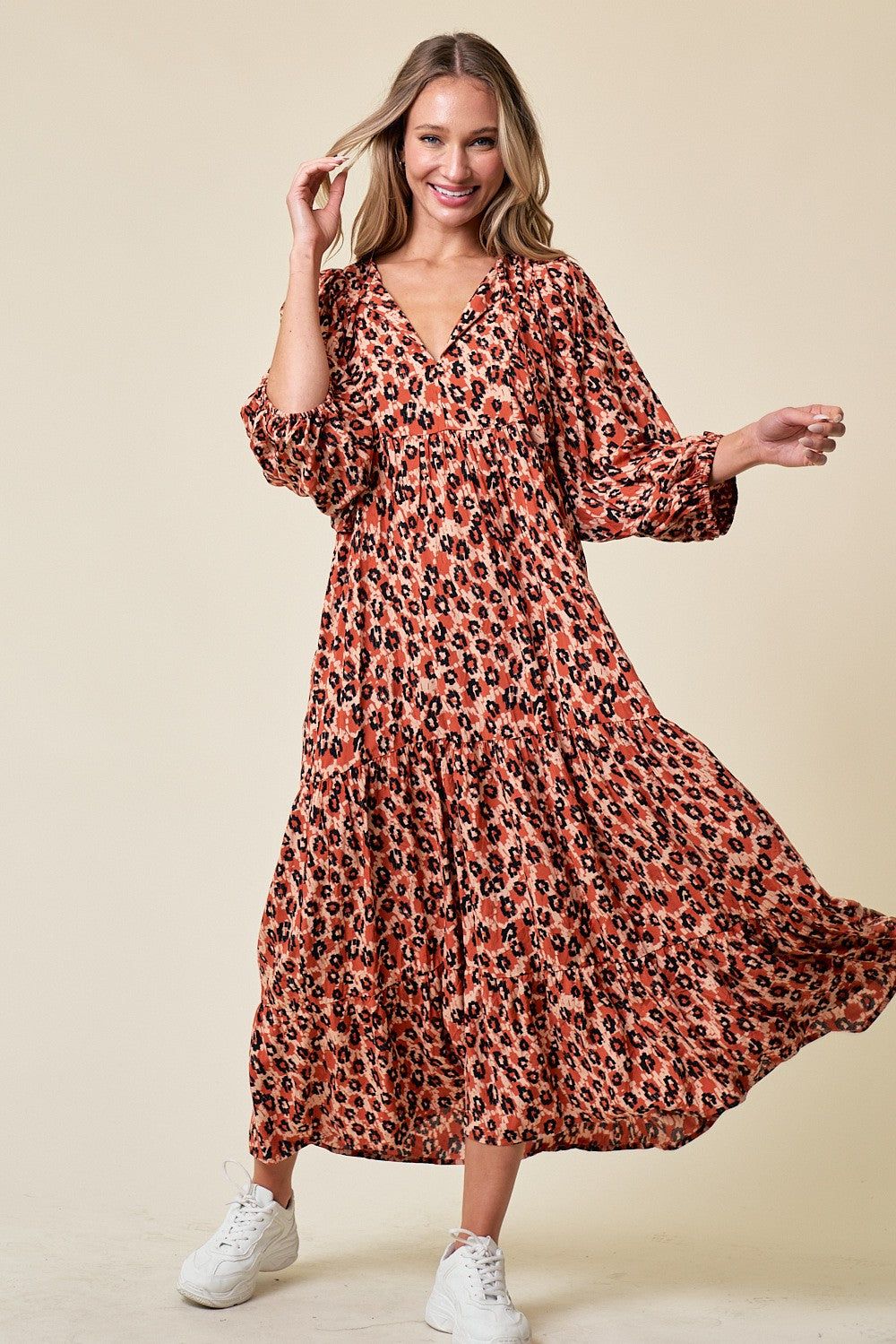 Rust Printed Long Sleeve Tiered Dress sold by Pinkblush