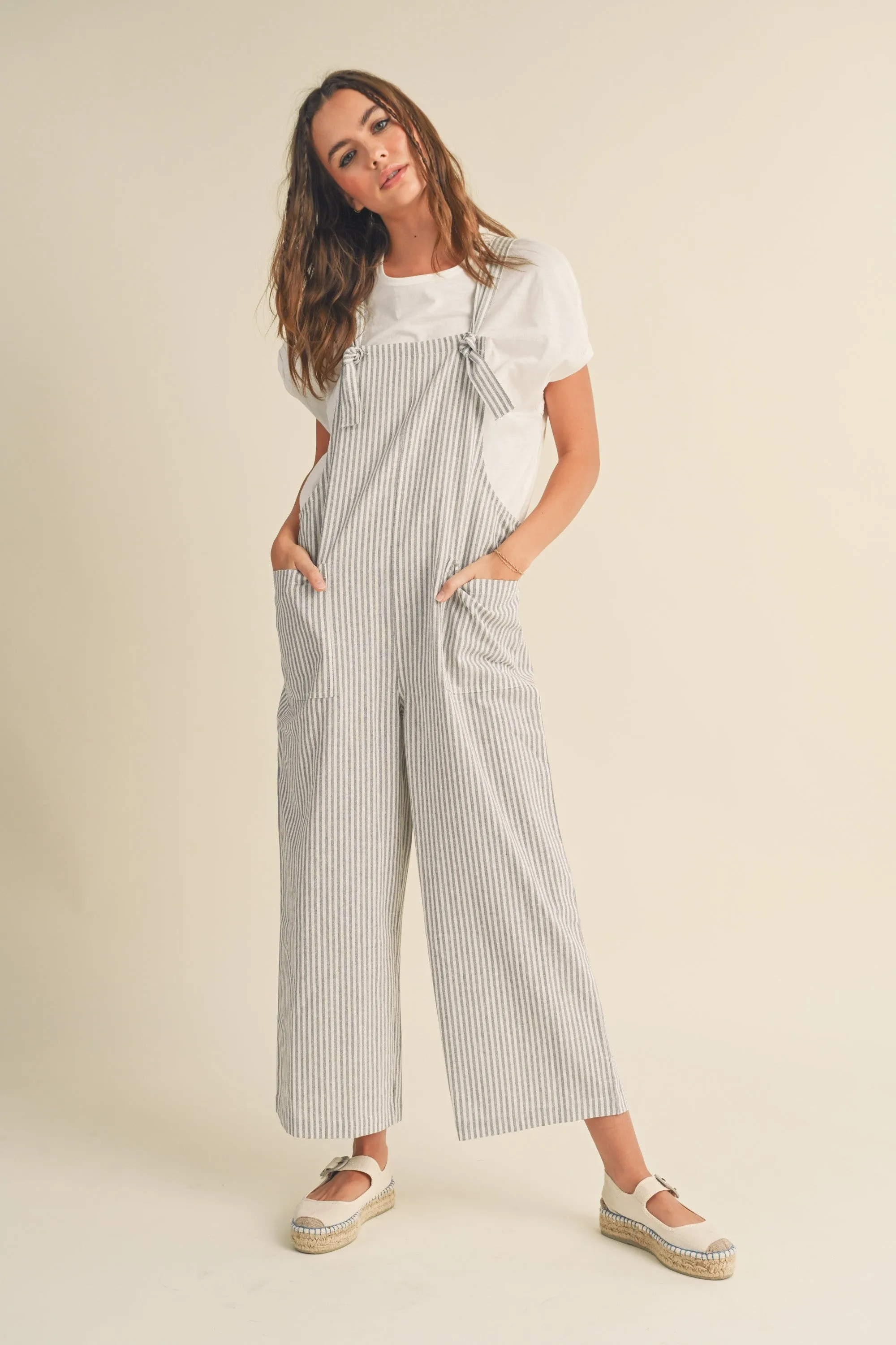 Grey Striped Linen Overalls sold by Pinkblush