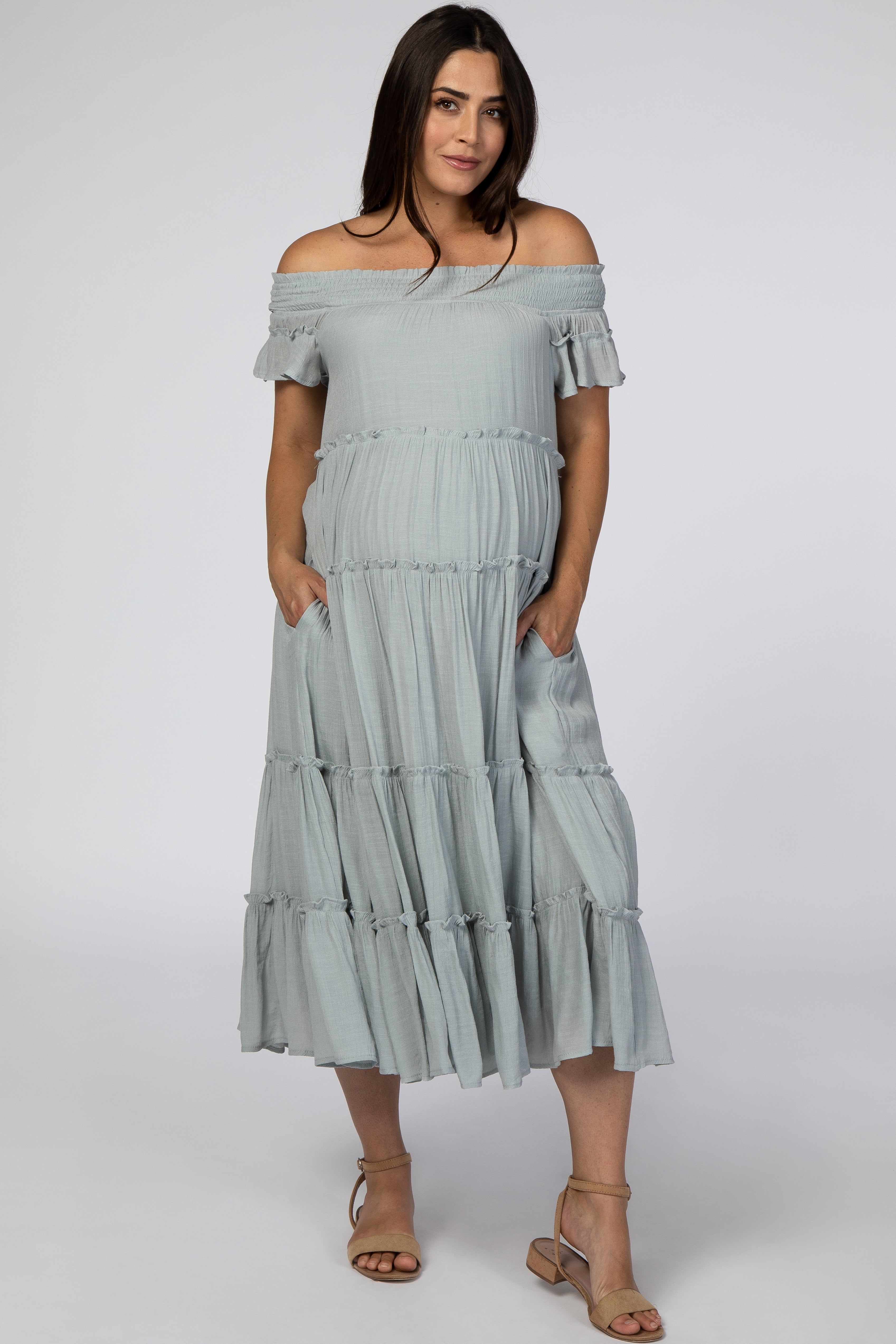 Blue Smocked Off Shoulder Ruffle Tiered Maternity Midi Dress sold by Pinkblush product image thumbnail 5