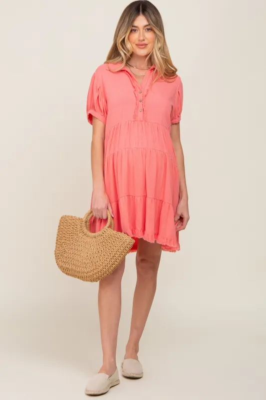 Coral Tiered Collared Linen Maternity Dress sold by Pinkblush