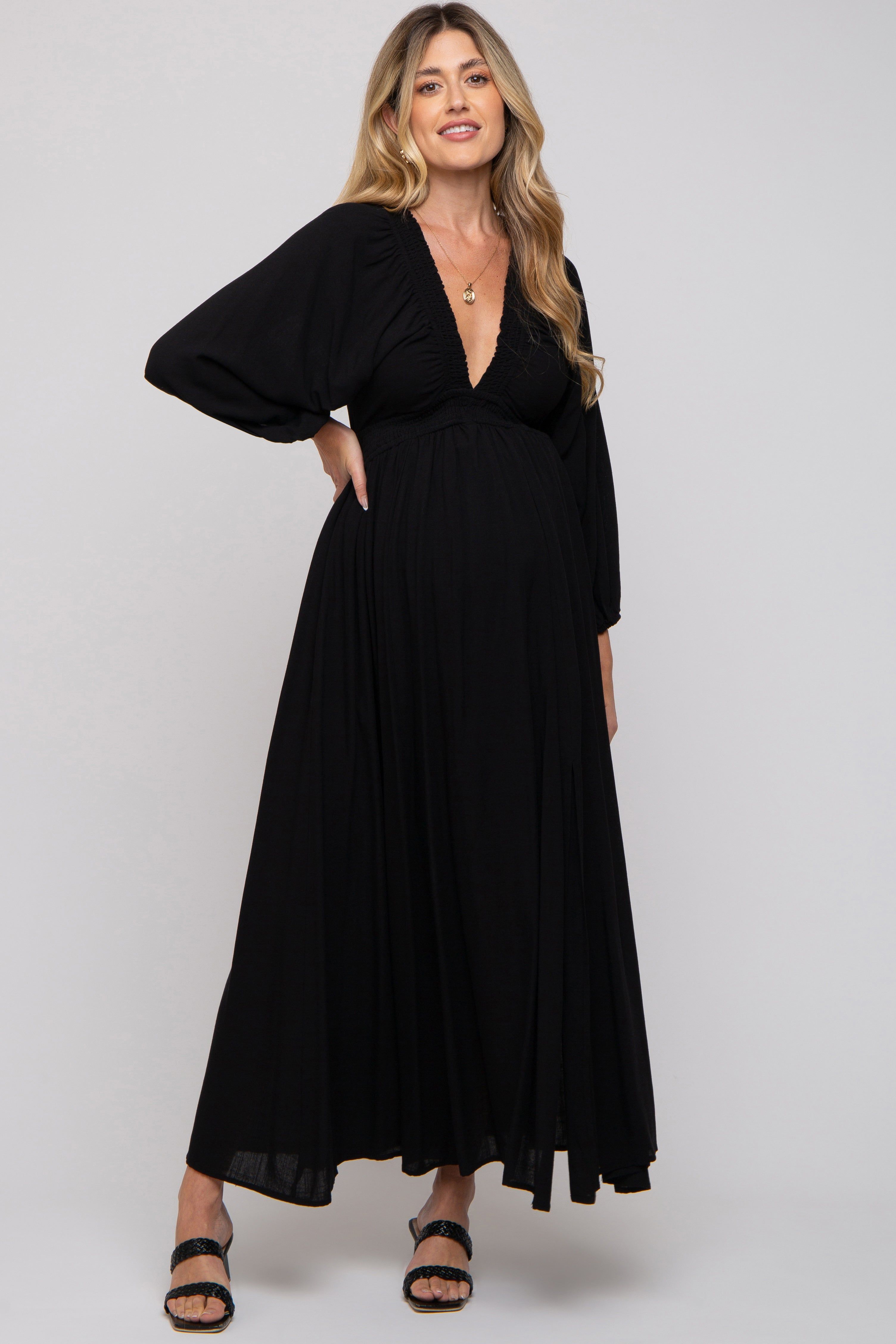 Black Deep V-Neck Smocked Waist Maternity Maxi Dress sold by Pinkblush product image thumbnail 2