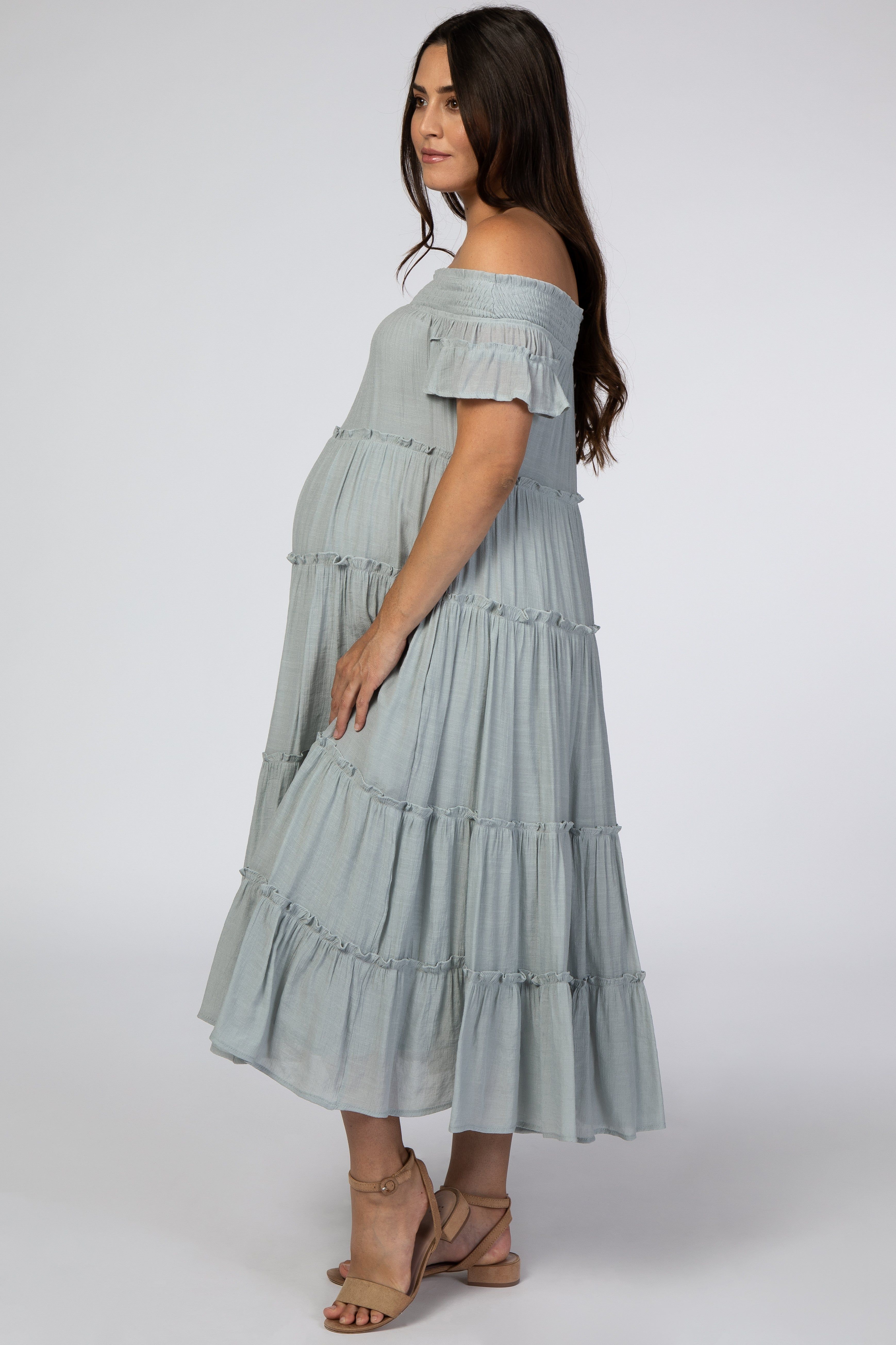 Blue Smocked Off Shoulder Ruffle Tiered Maternity Midi Dress sold by Pinkblush product image thumbnail 2