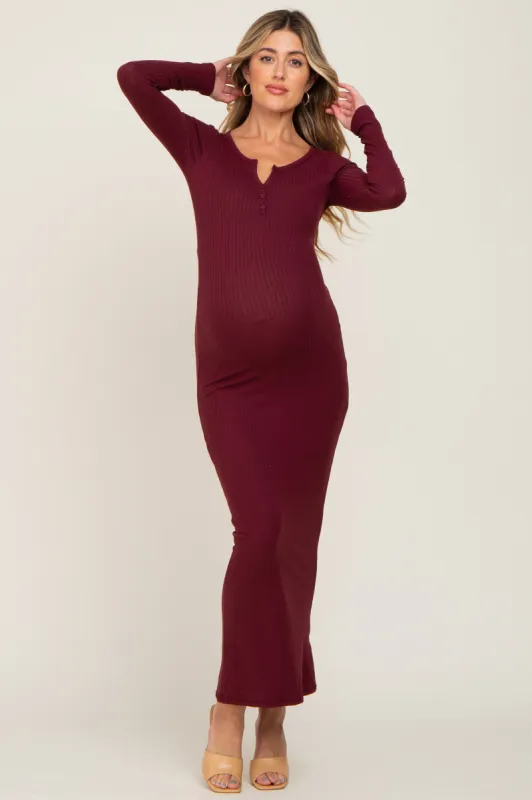 Burgundy Ribbed Long Sleeve Maternity Maxi Dress sold by Pinkblush