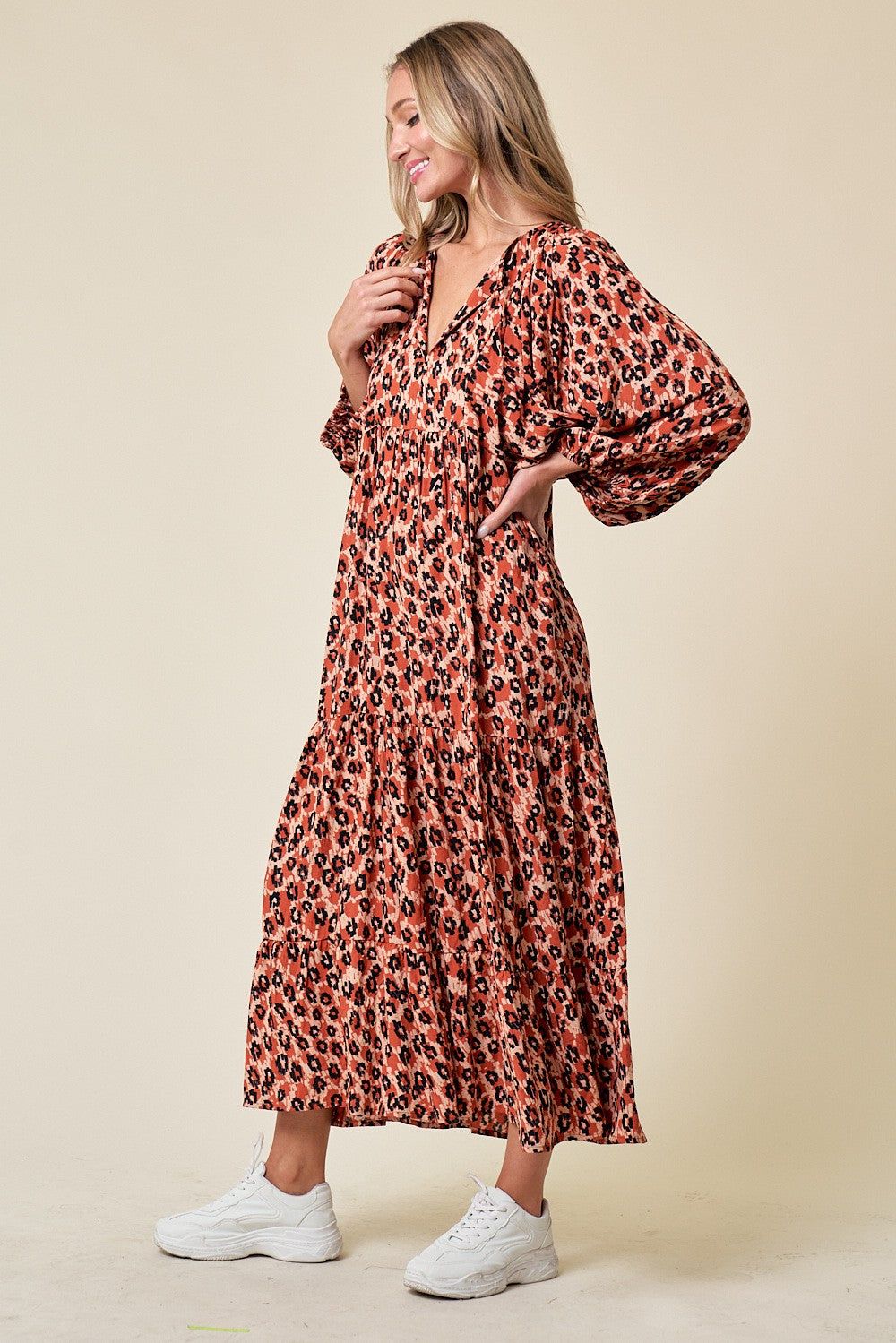 Rust Printed Long Sleeve Tiered Dress sold by Pinkblush product image thumbnail 2